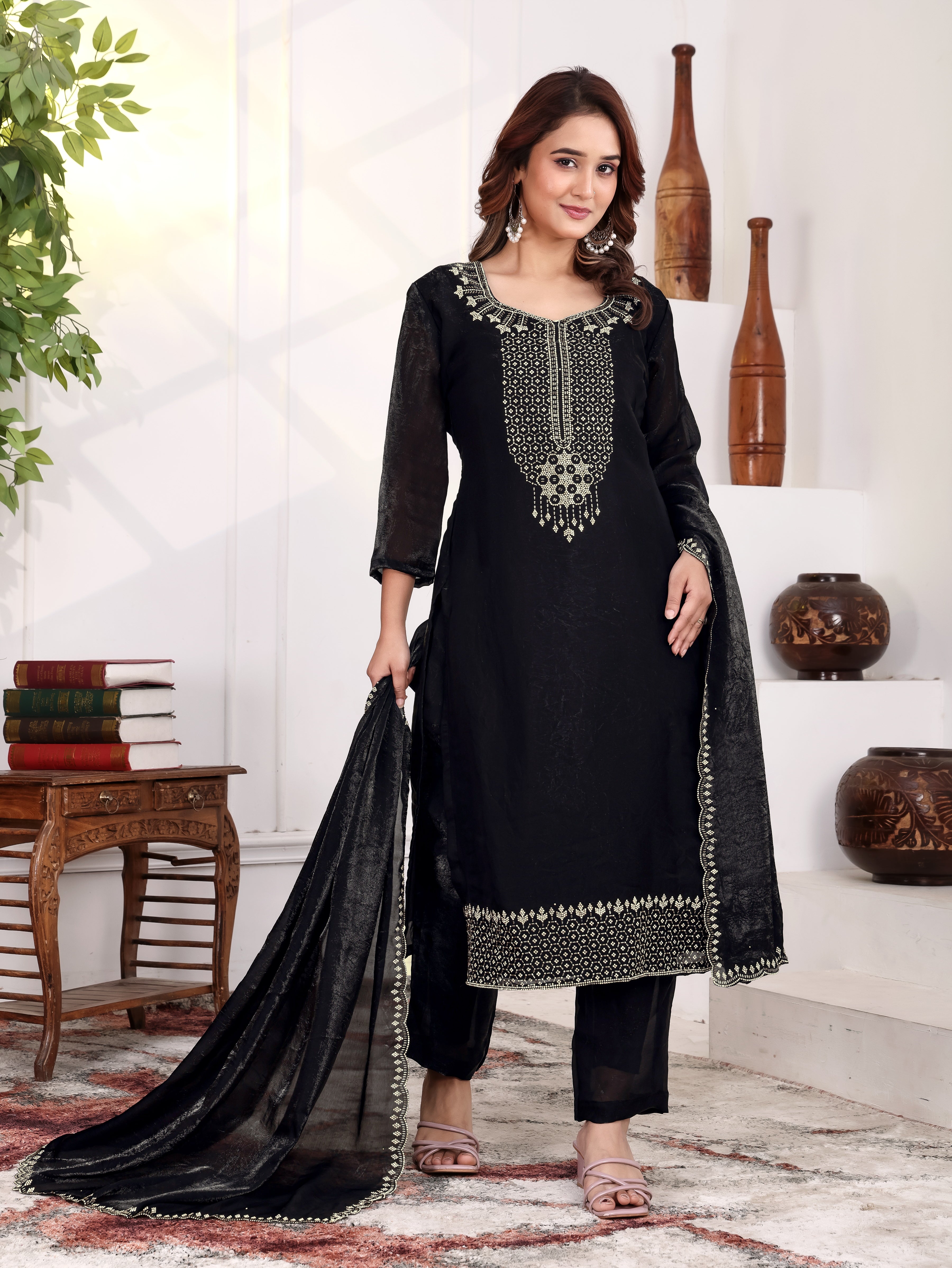 Aira - KD004 Black Fendy Satin Kurti With Pant & Dupatta