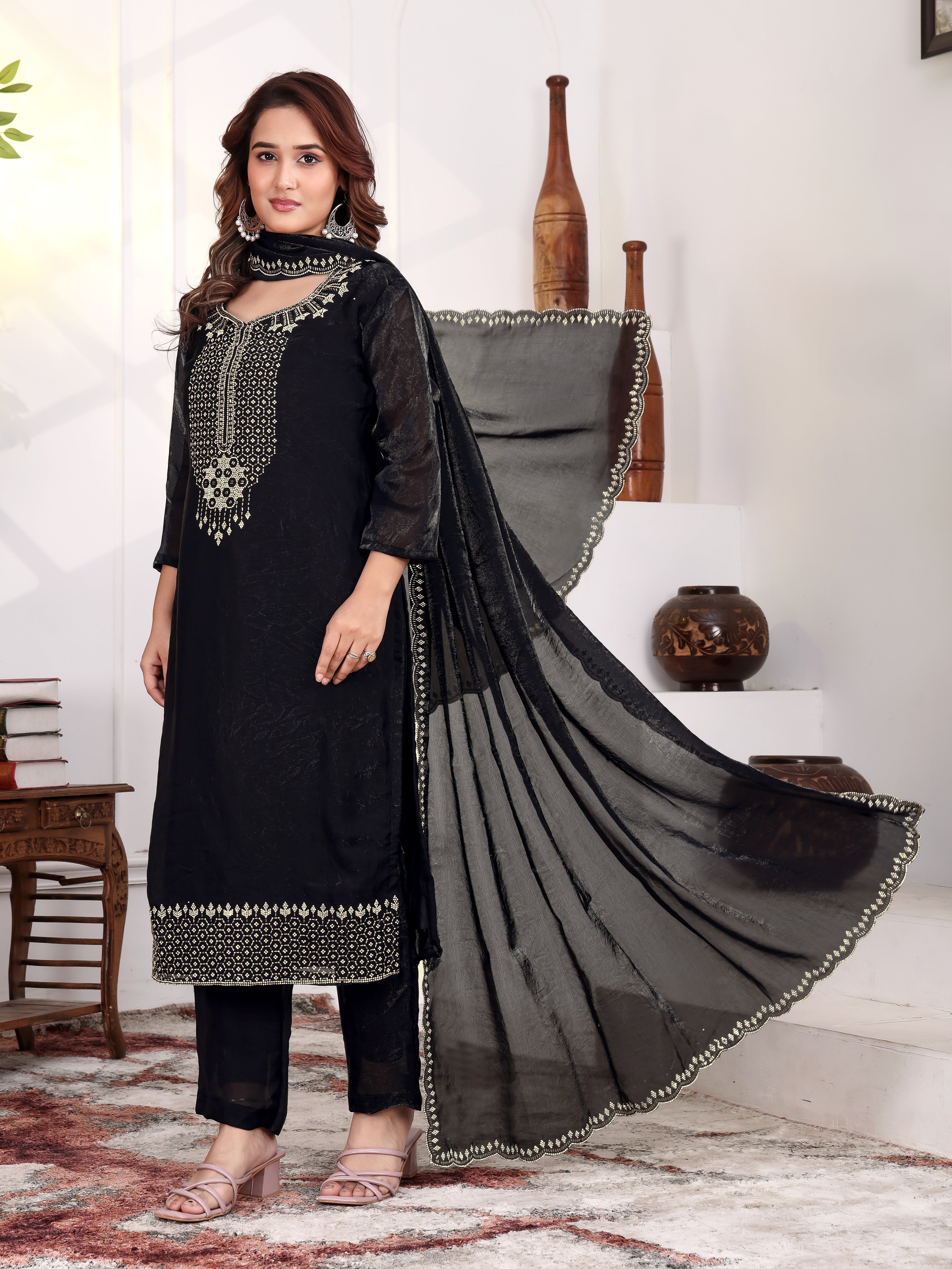 Aira - KD004 Black Fendy Satin Kurti With Pant & Dupatta