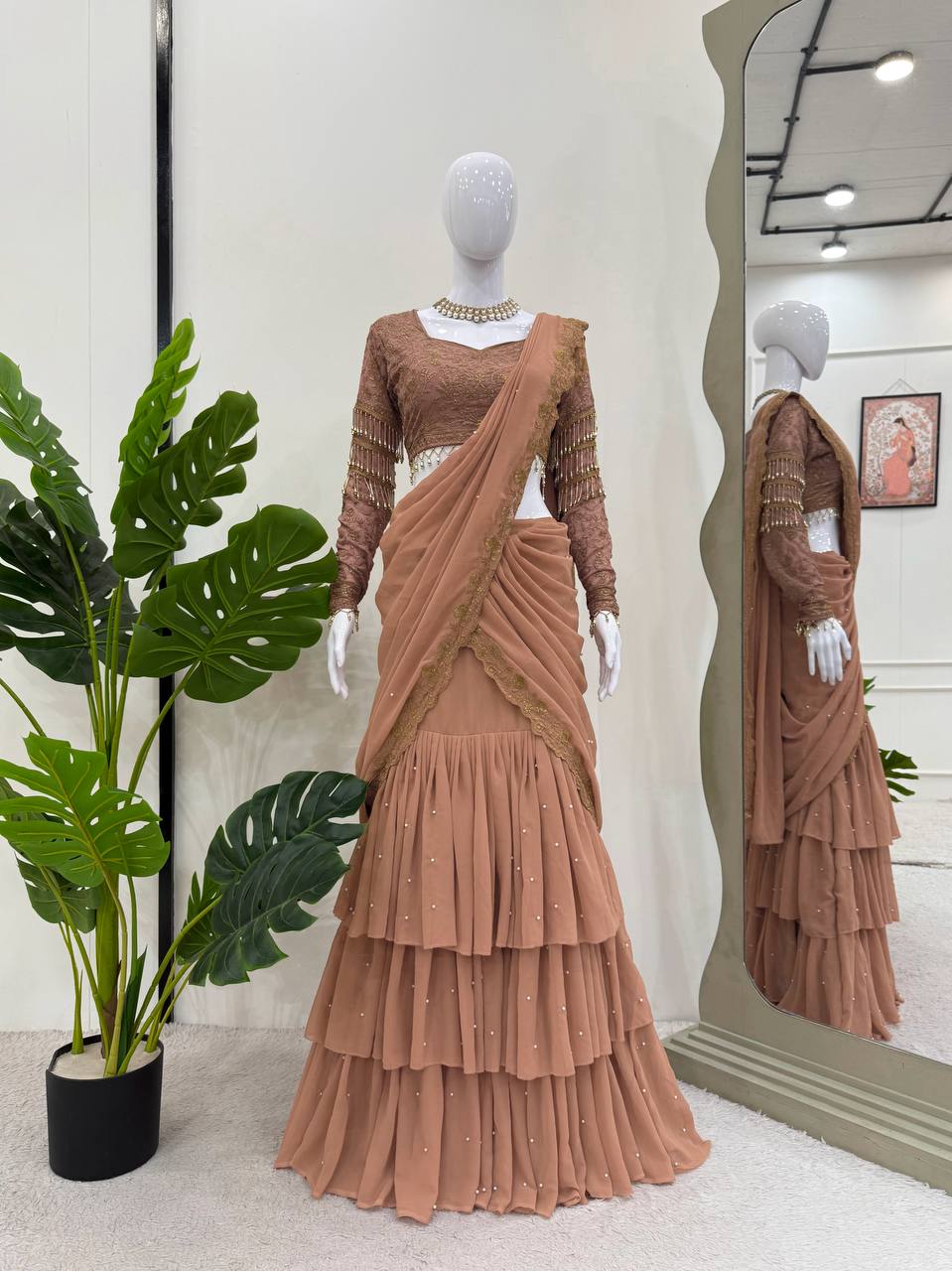 Mocha Glamour Designer Ruffle Ready to Wear Saree Gown