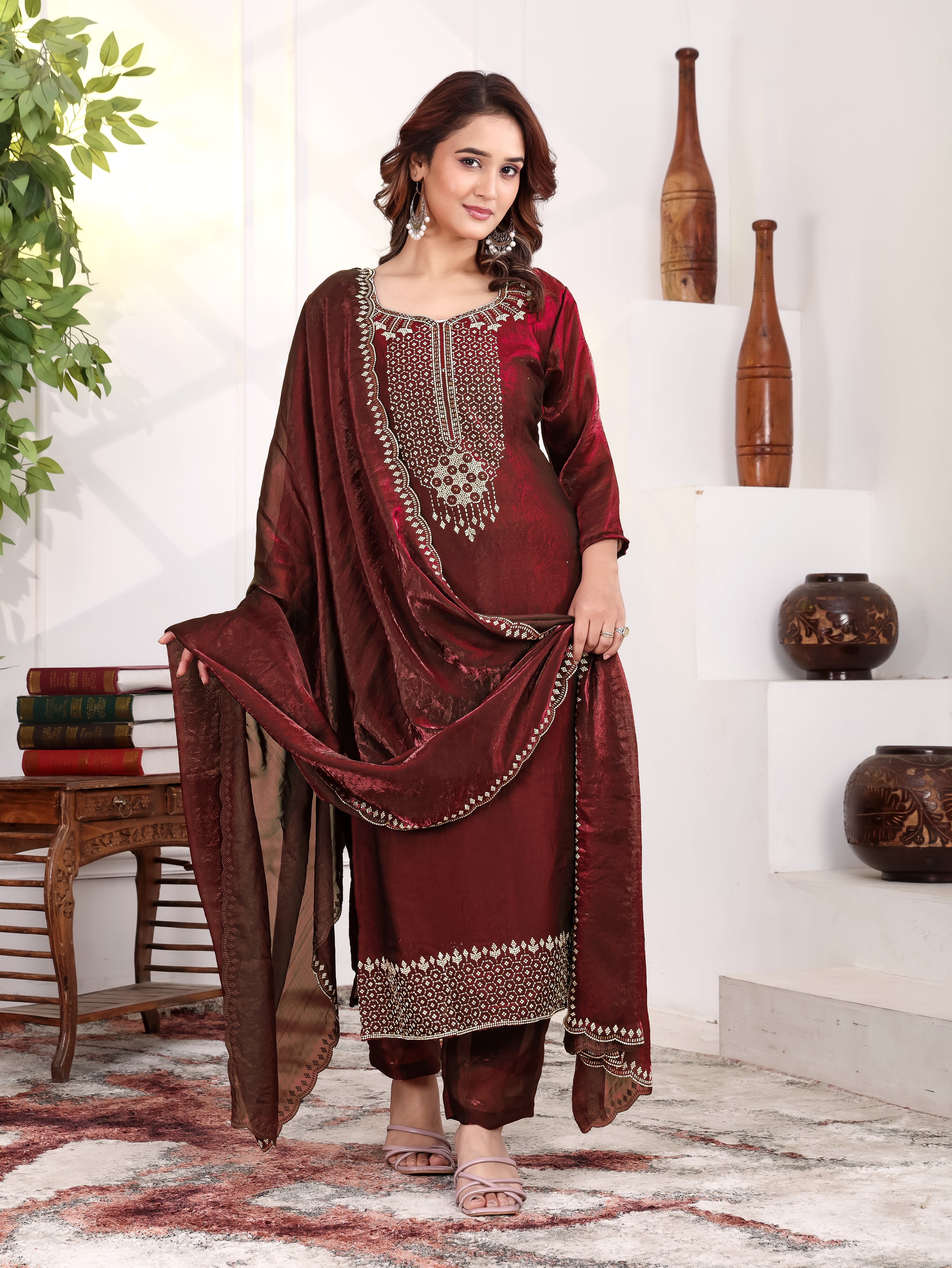 Aira - KD001 Maroon Fendy Satin Kurti With Pant & Dupatta