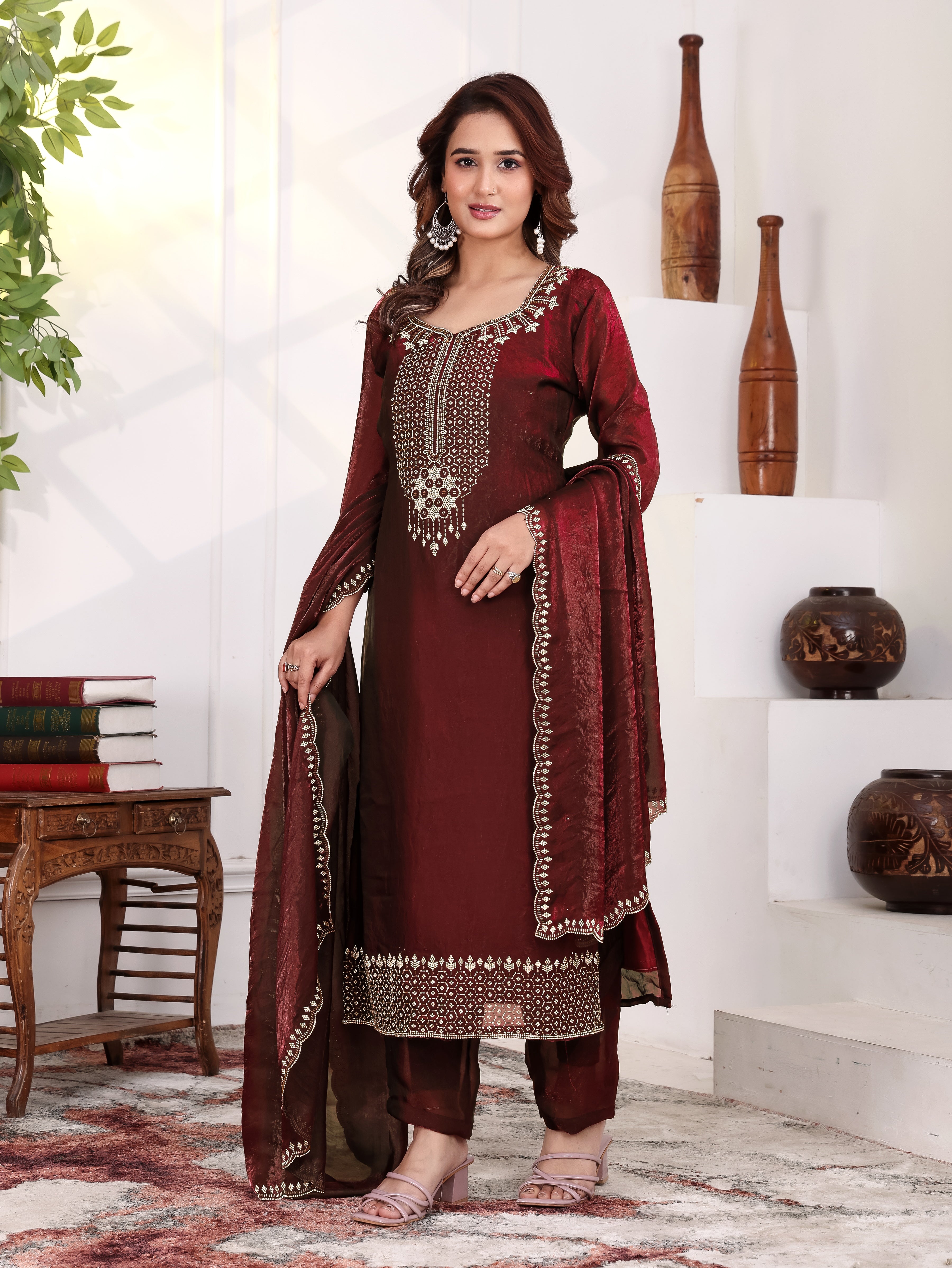 Aira - KD001 Maroon Fendy Satin Kurti With Pant & Dupatta
