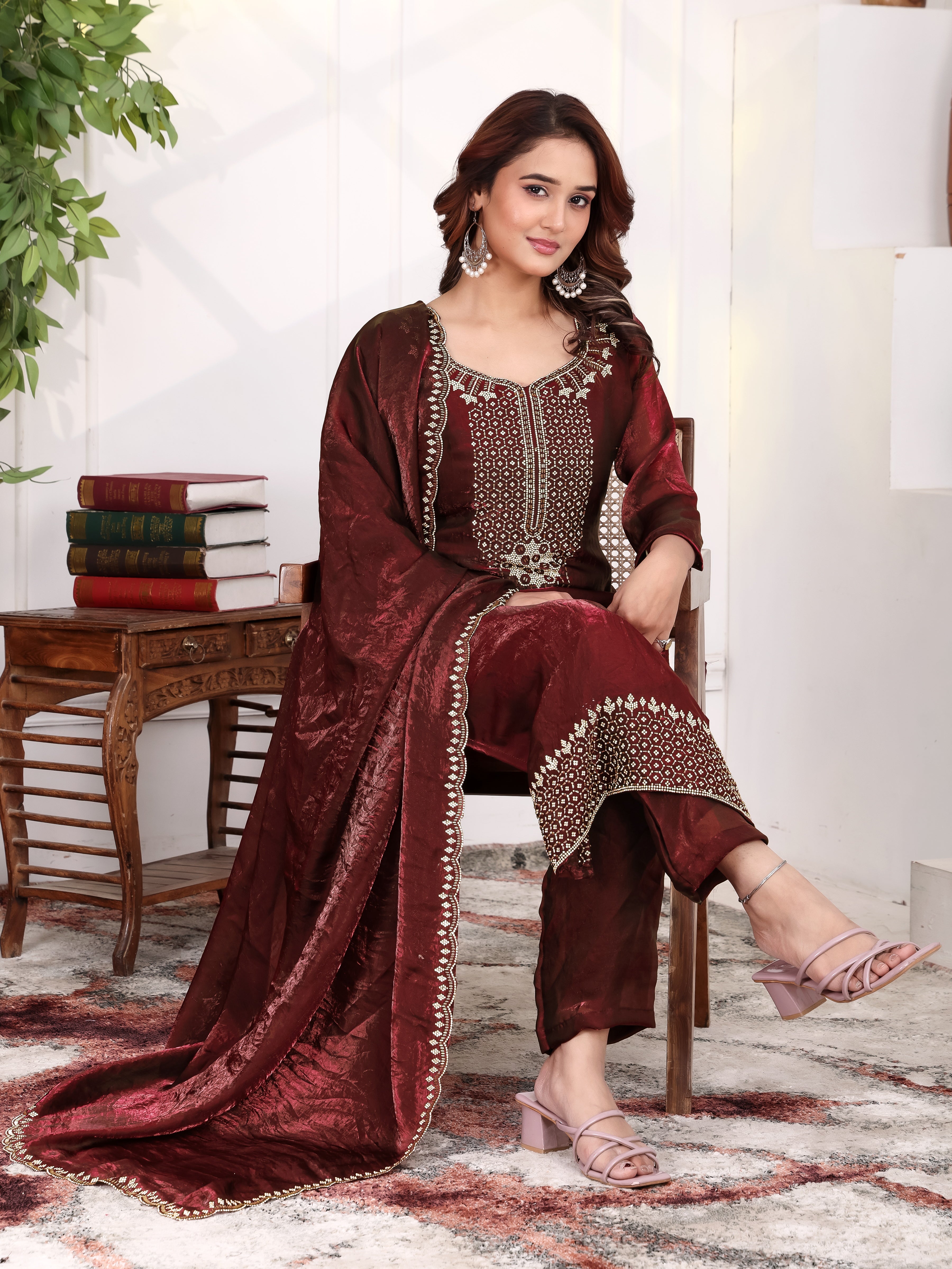 Aira - KD001 Maroon Fendy Satin Kurti With Pant & Dupatta