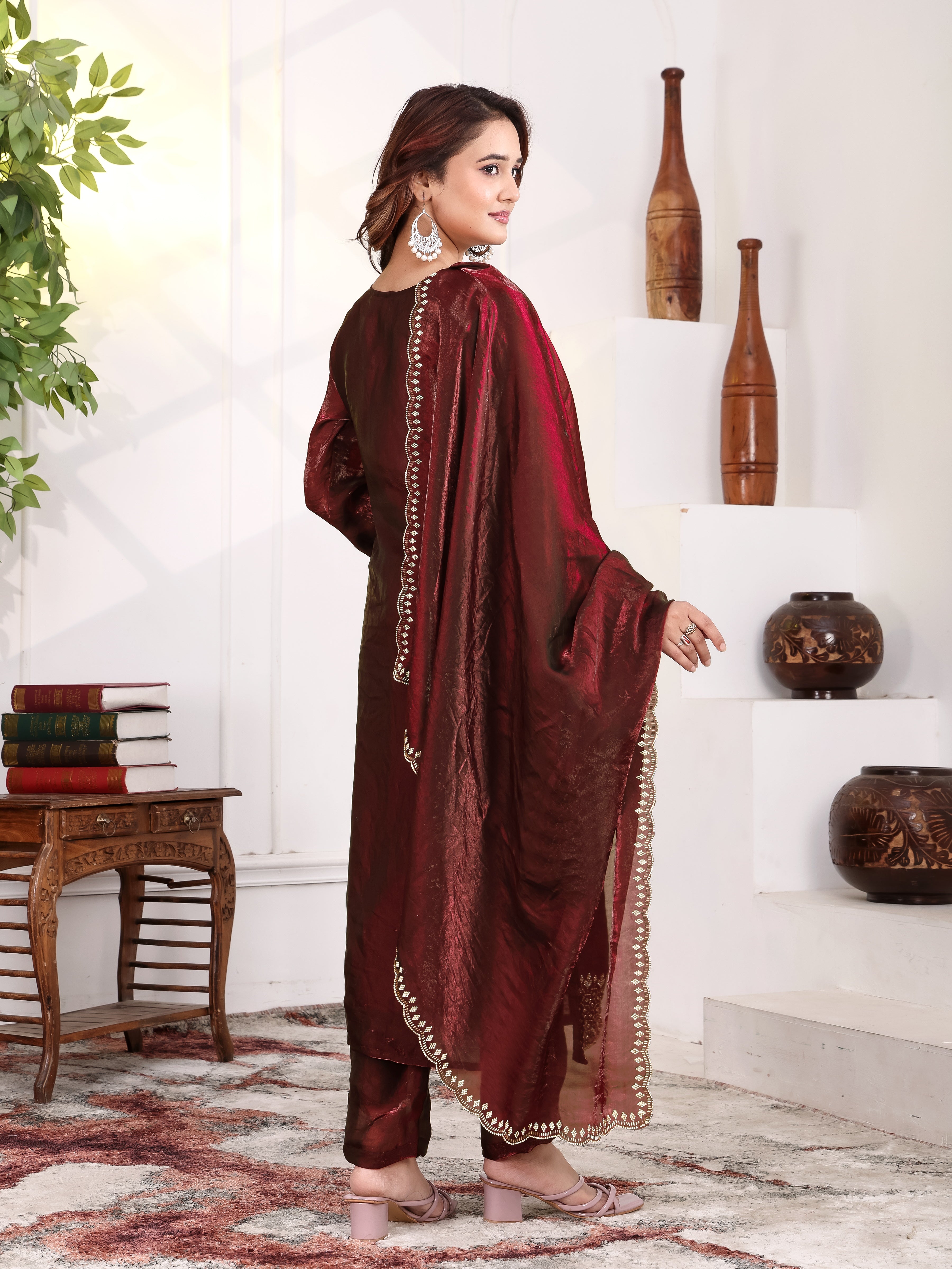 Aira - KD001 Maroon Fendy Satin Kurti With Pant & Dupatta