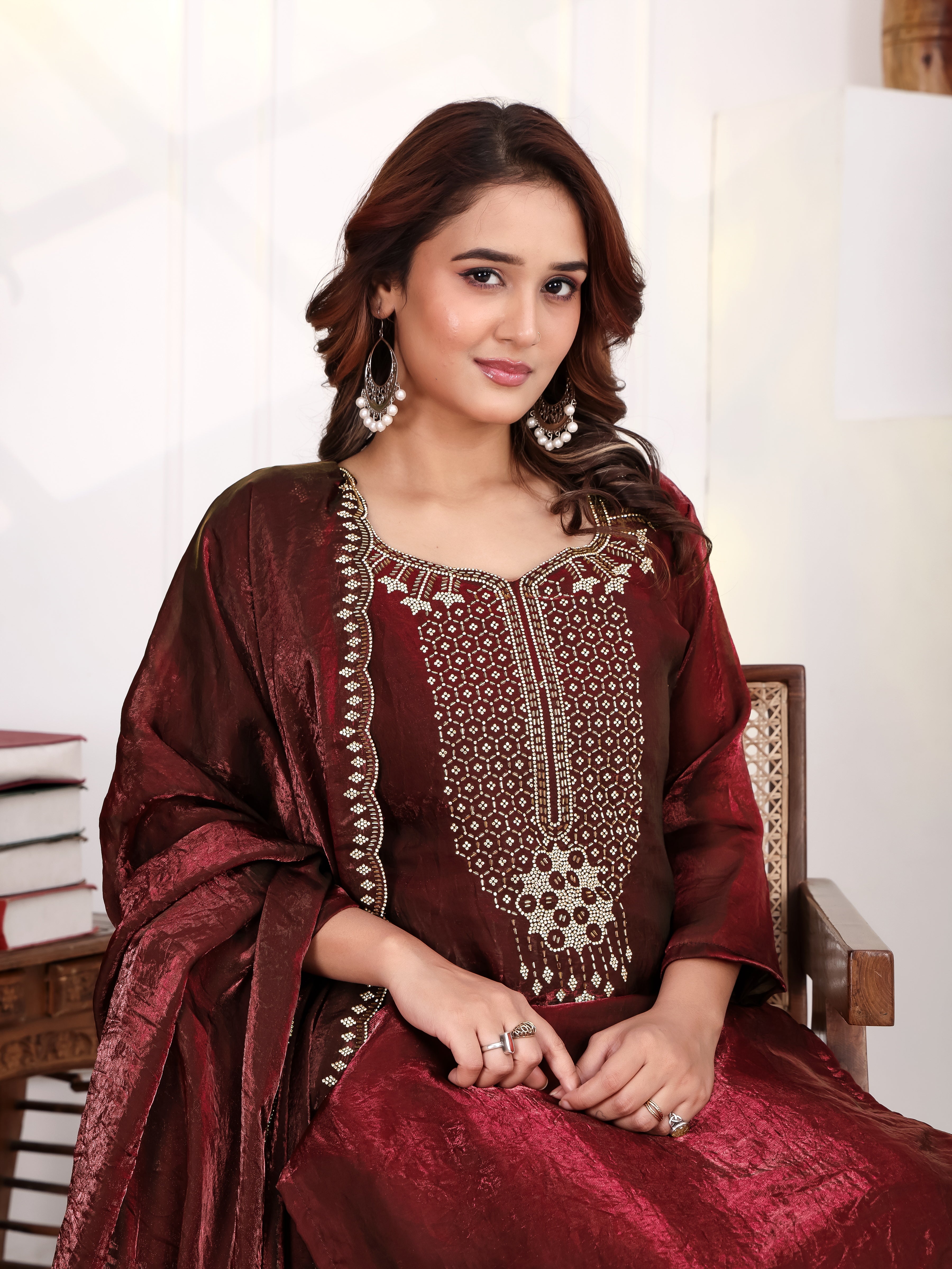Aira - KD001 Maroon Fendy Satin Kurti With Pant & Dupatta