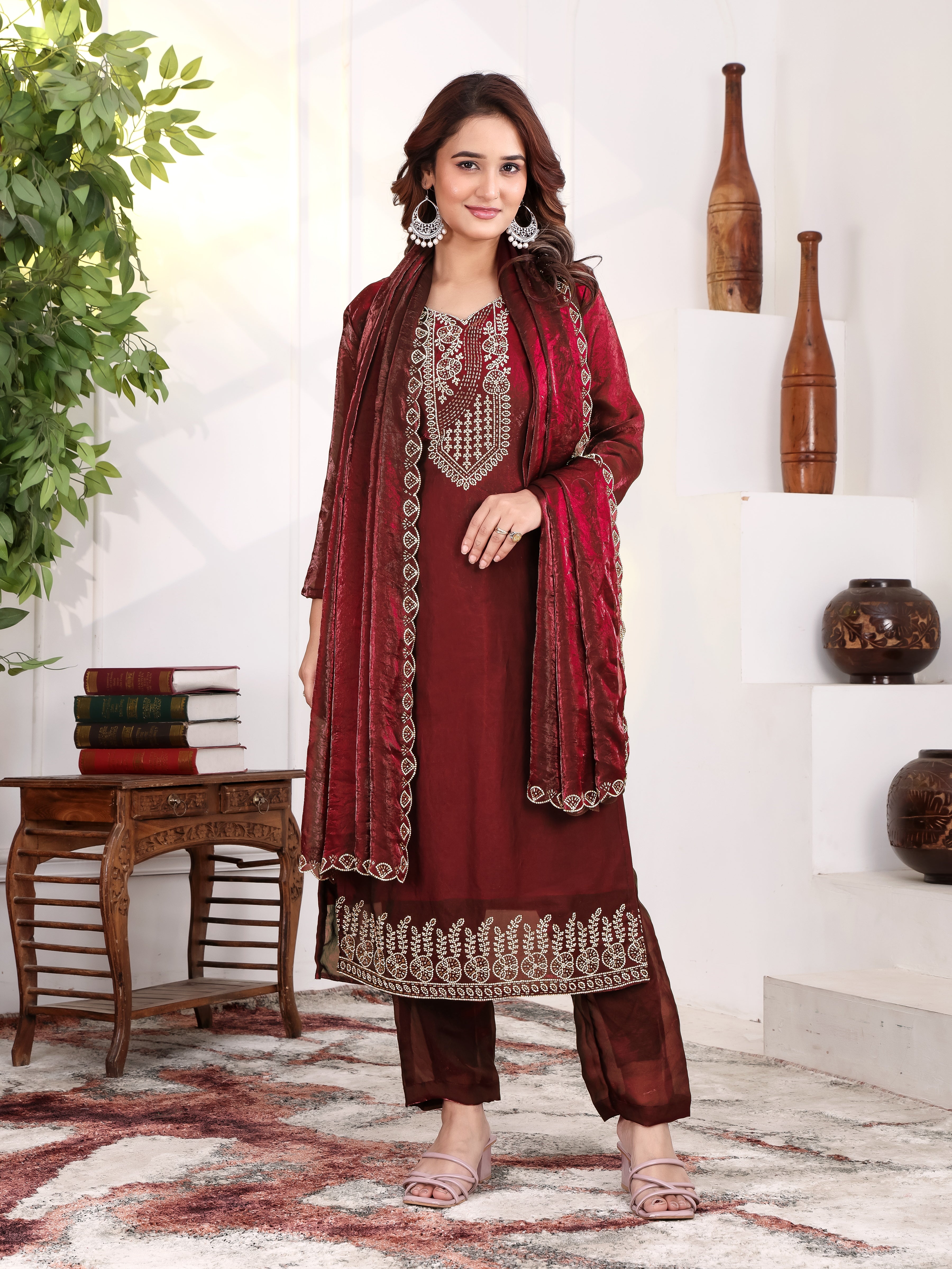 Krishi - KD001 Maroon Fendy Satin Kurti With Pant & Dupatta