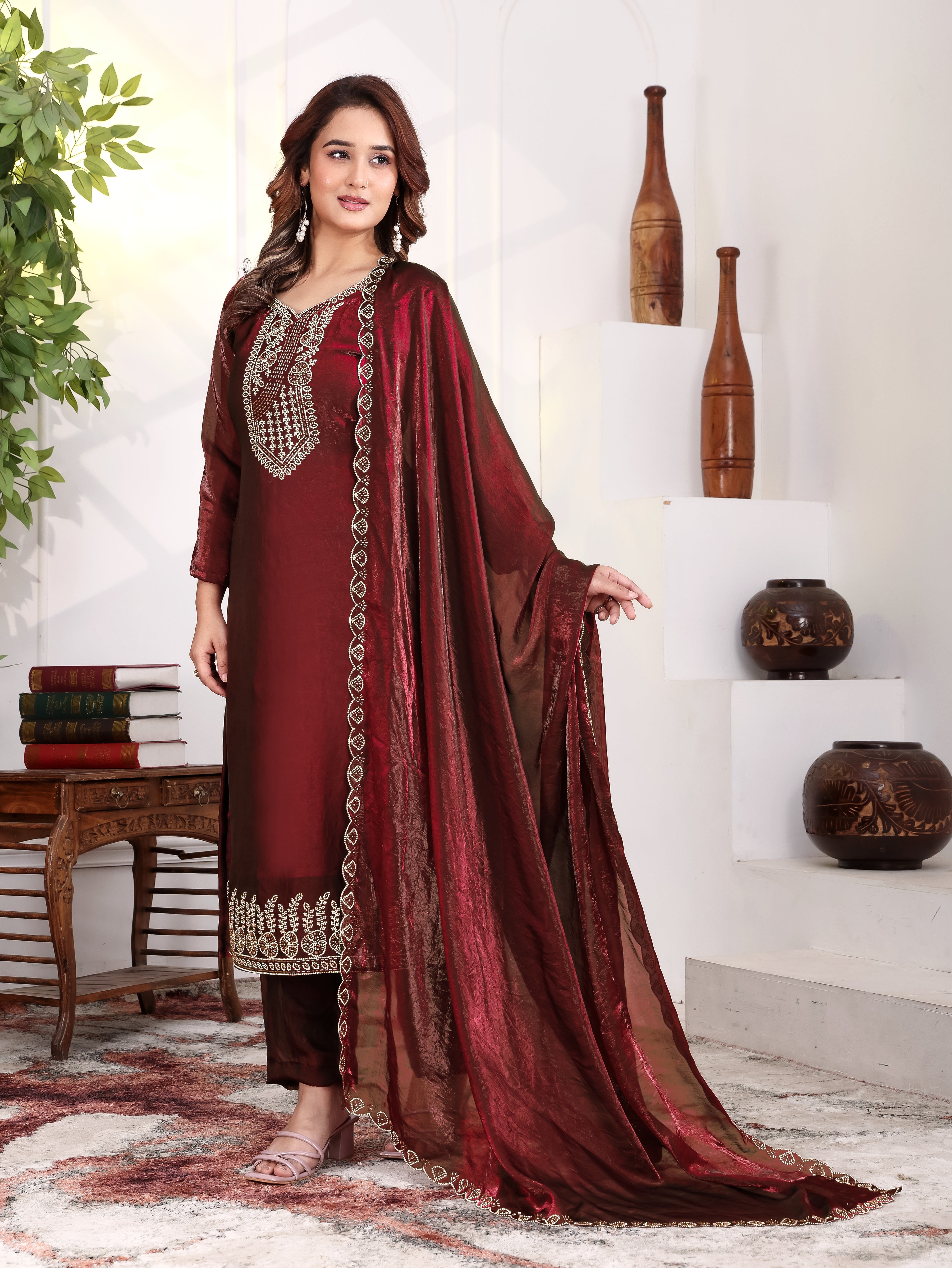 Krishi - KD001 Maroon Fendy Satin Kurti With Pant & Dupatta