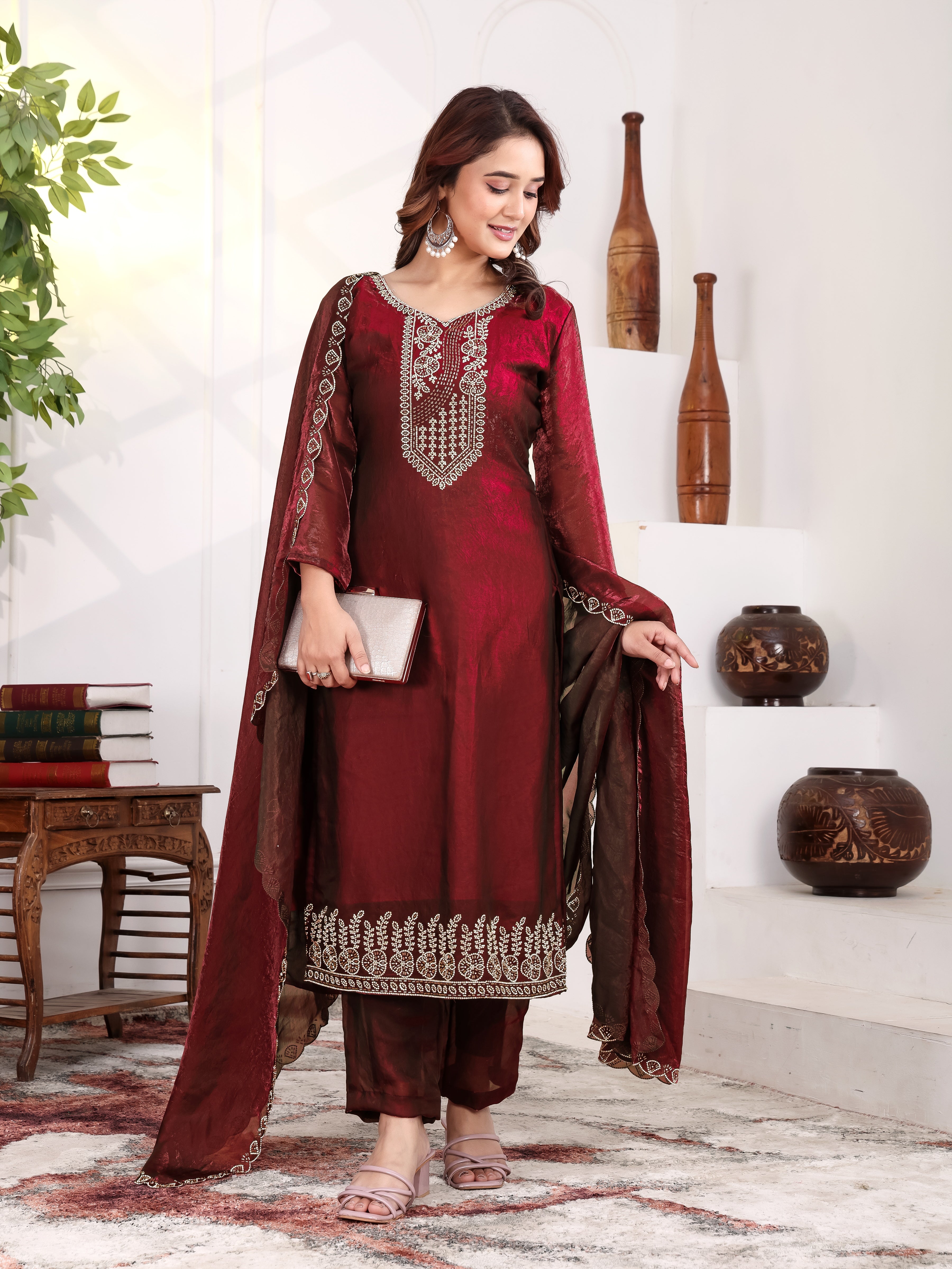 Krishi - KD001 Maroon Fendy Satin Kurti With Pant & Dupatta