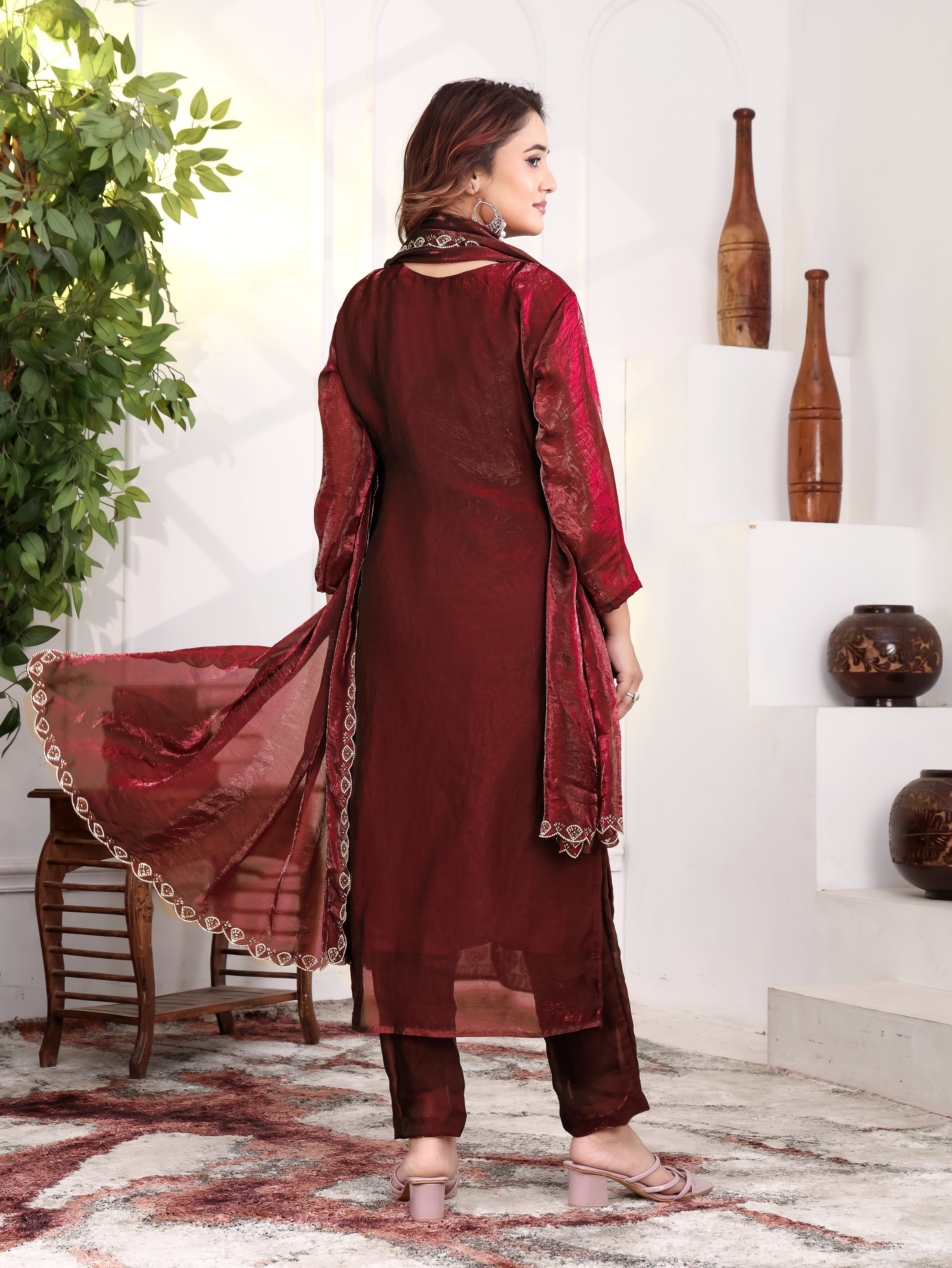 Krishi - KD001 Maroon Fendy Satin Kurti With Pant & Dupatta