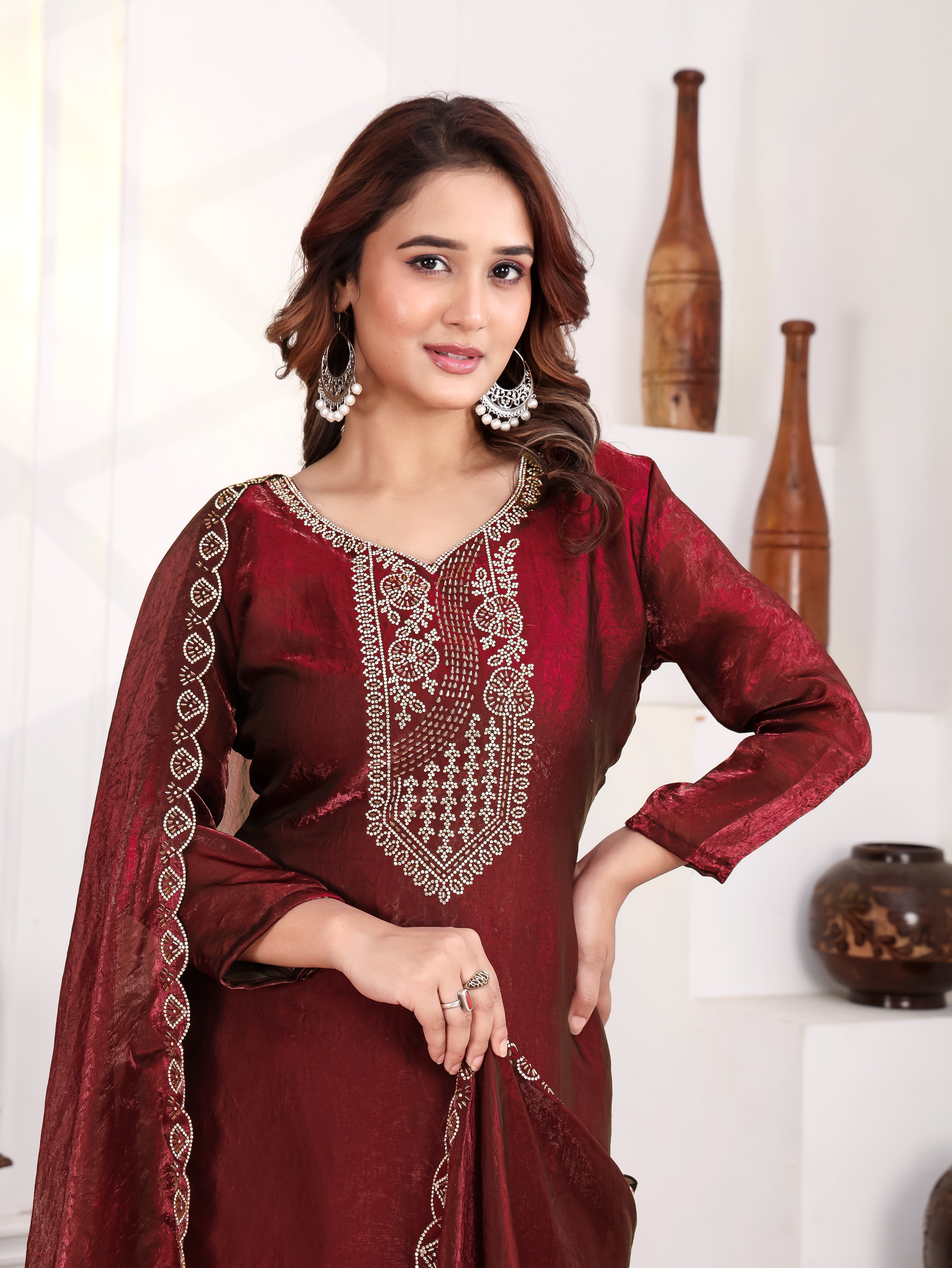 Krishi - KD001 Maroon Fendy Satin Kurti With Pant & Dupatta