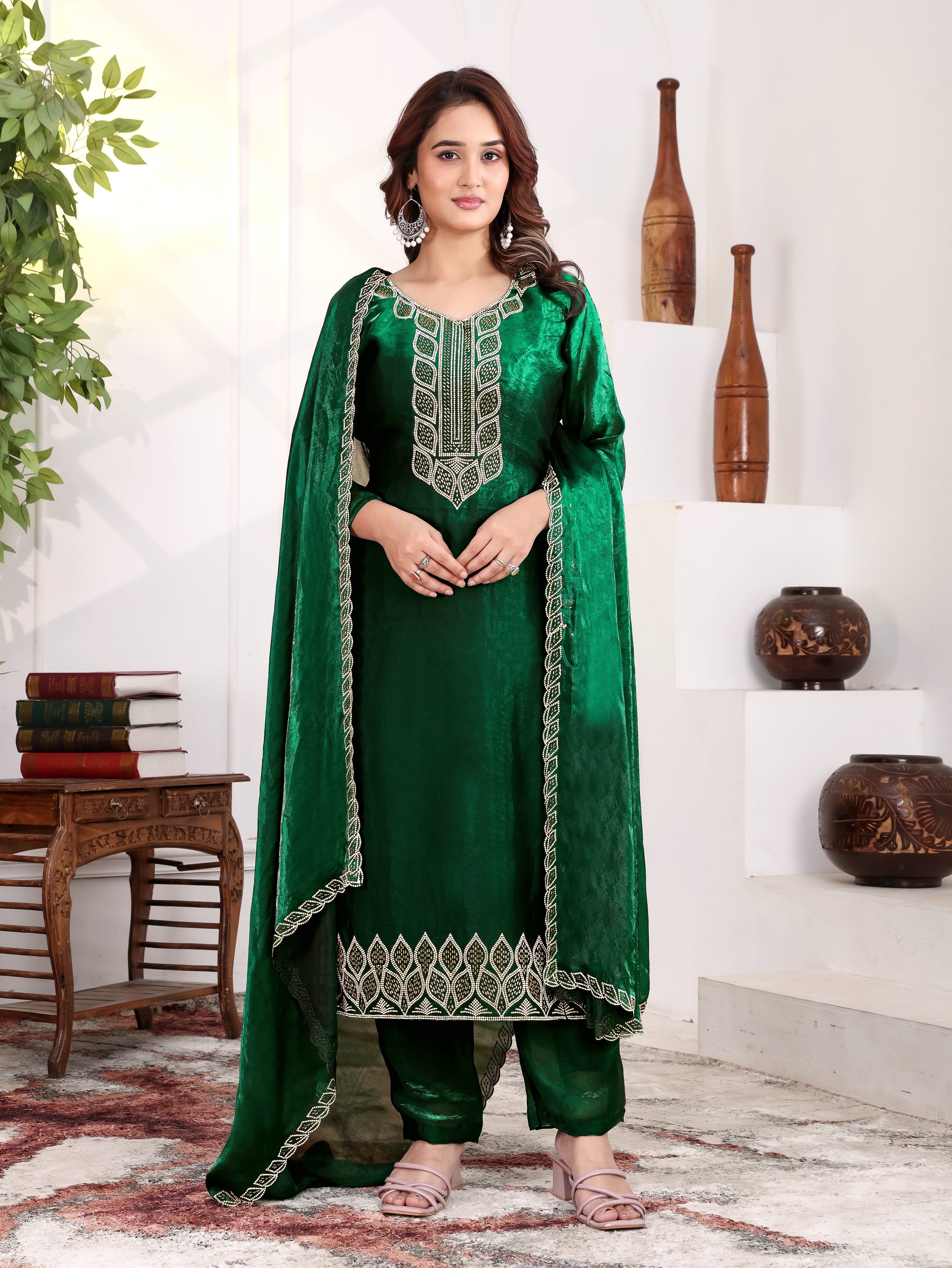 Ishira - KD003 Emerald Green  Kurti With Pant & Dupatta