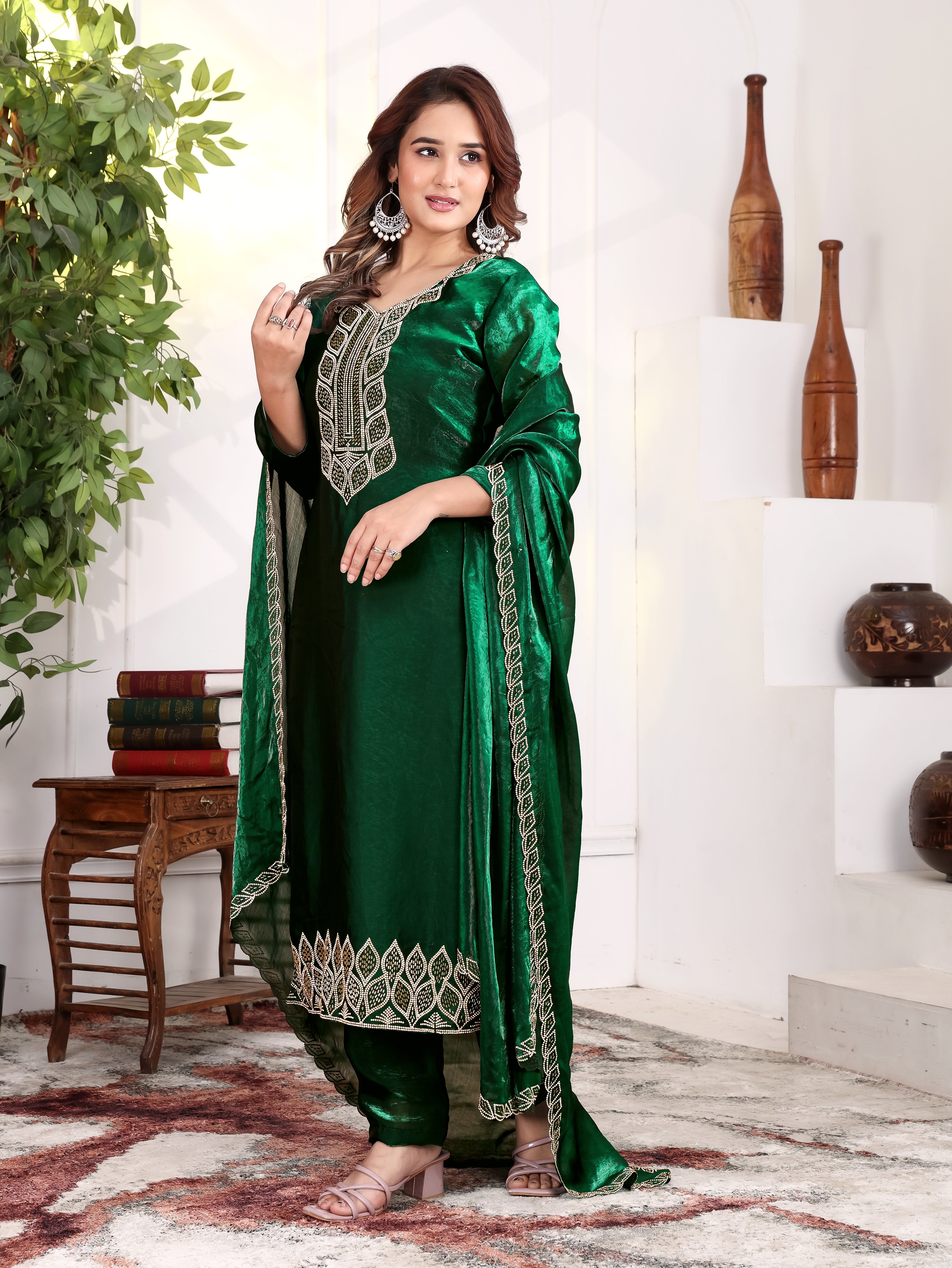 Ishira - KD003 Emerald Green  Kurti With Pant & Dupatta