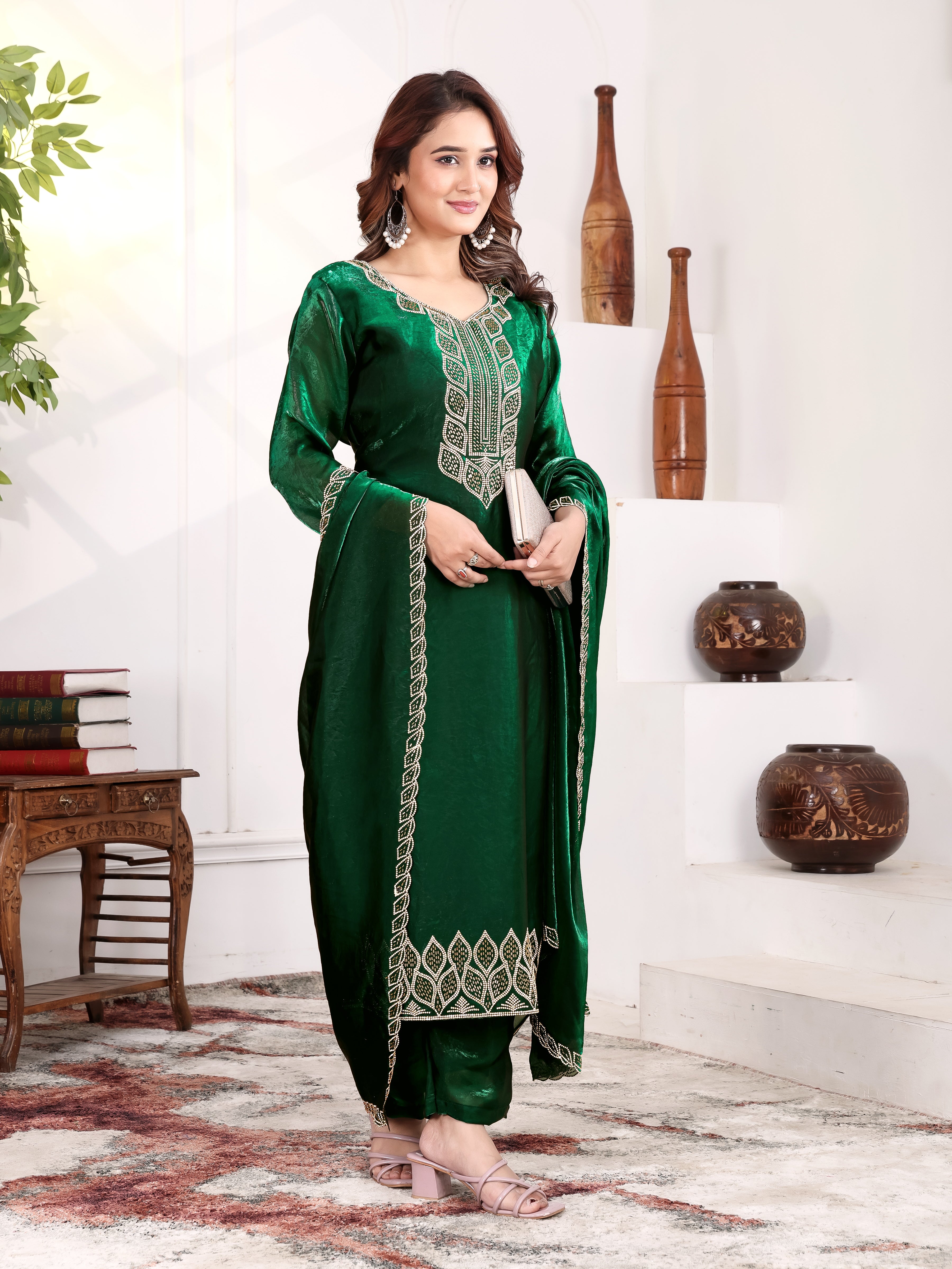 Ishira - KD003 Emerald Green  Kurti With Pant & Dupatta