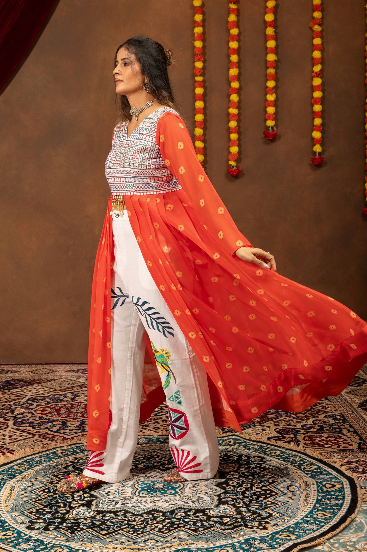 Women’s Orange Printed Anarkali Kurta Set with White Embroidered Palazzo