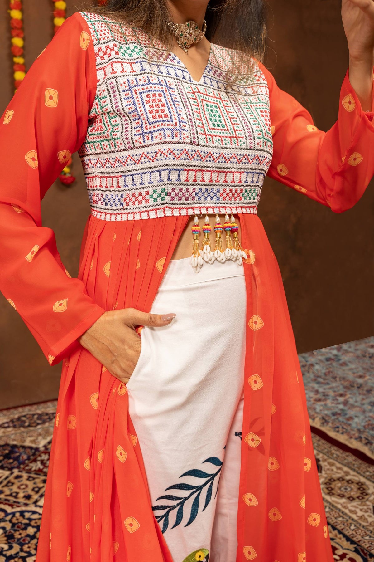 Women’s Orange Printed Anarkali Kurta Set with White Embroidered Palazzo