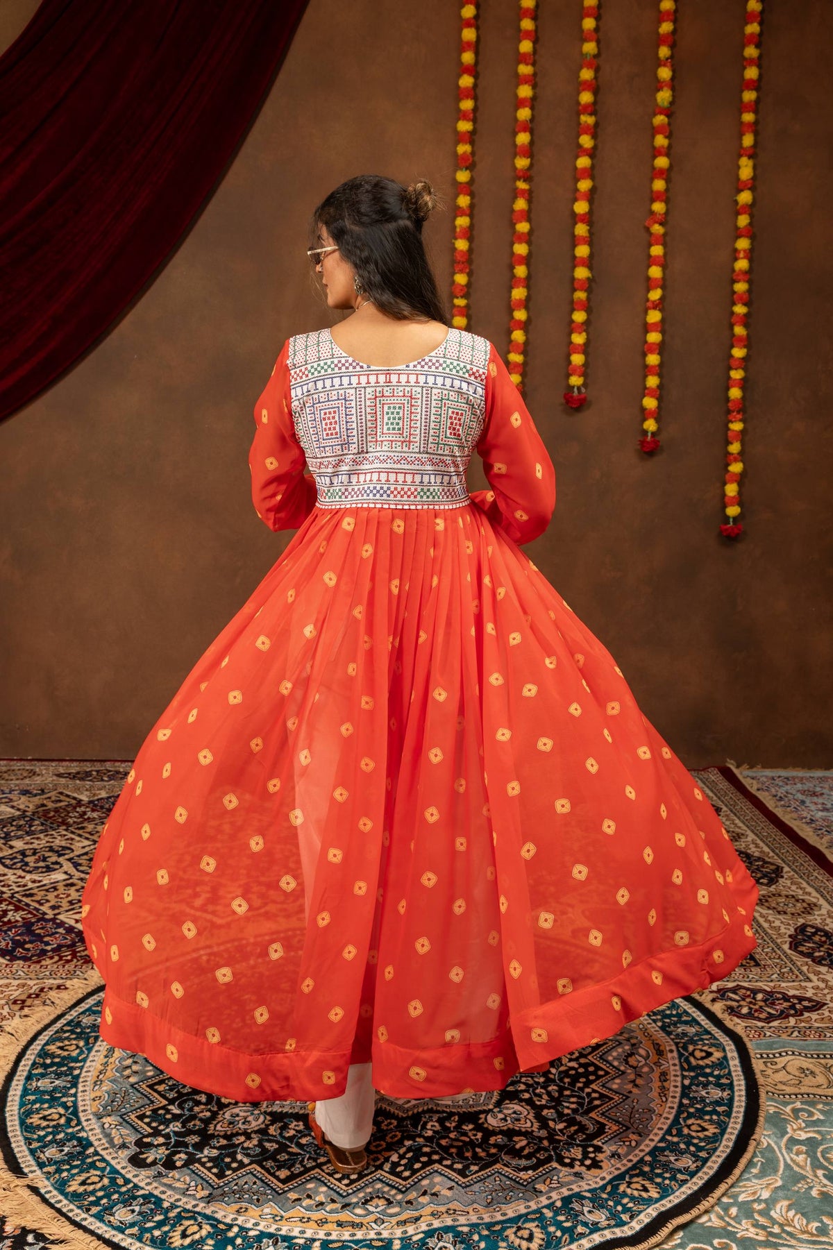 Women’s Orange Printed Anarkali Kurta Set with White Embroidered Palazzo