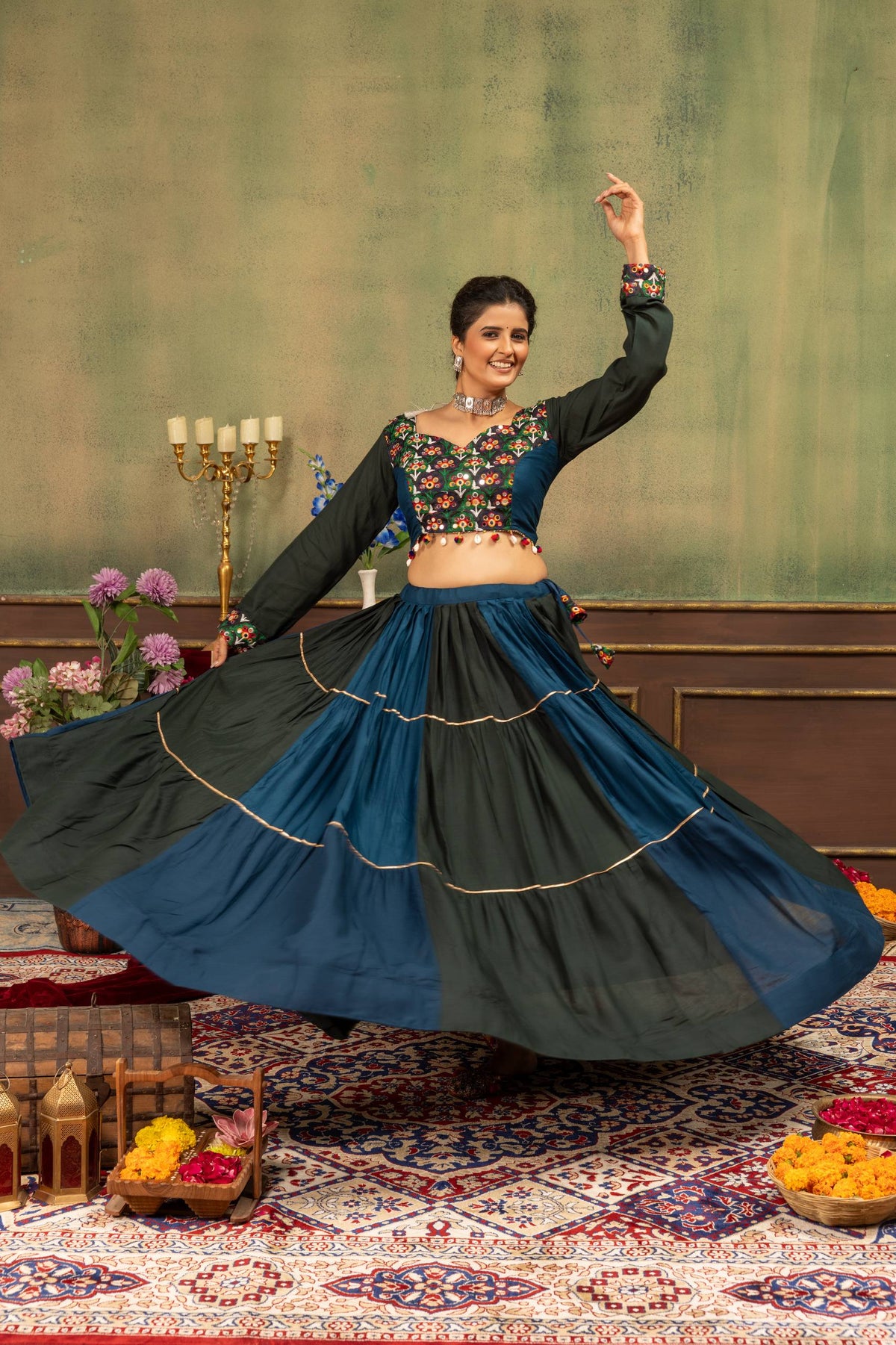 Women’s Blue & Black Floral Embroidered Chaniya Choli