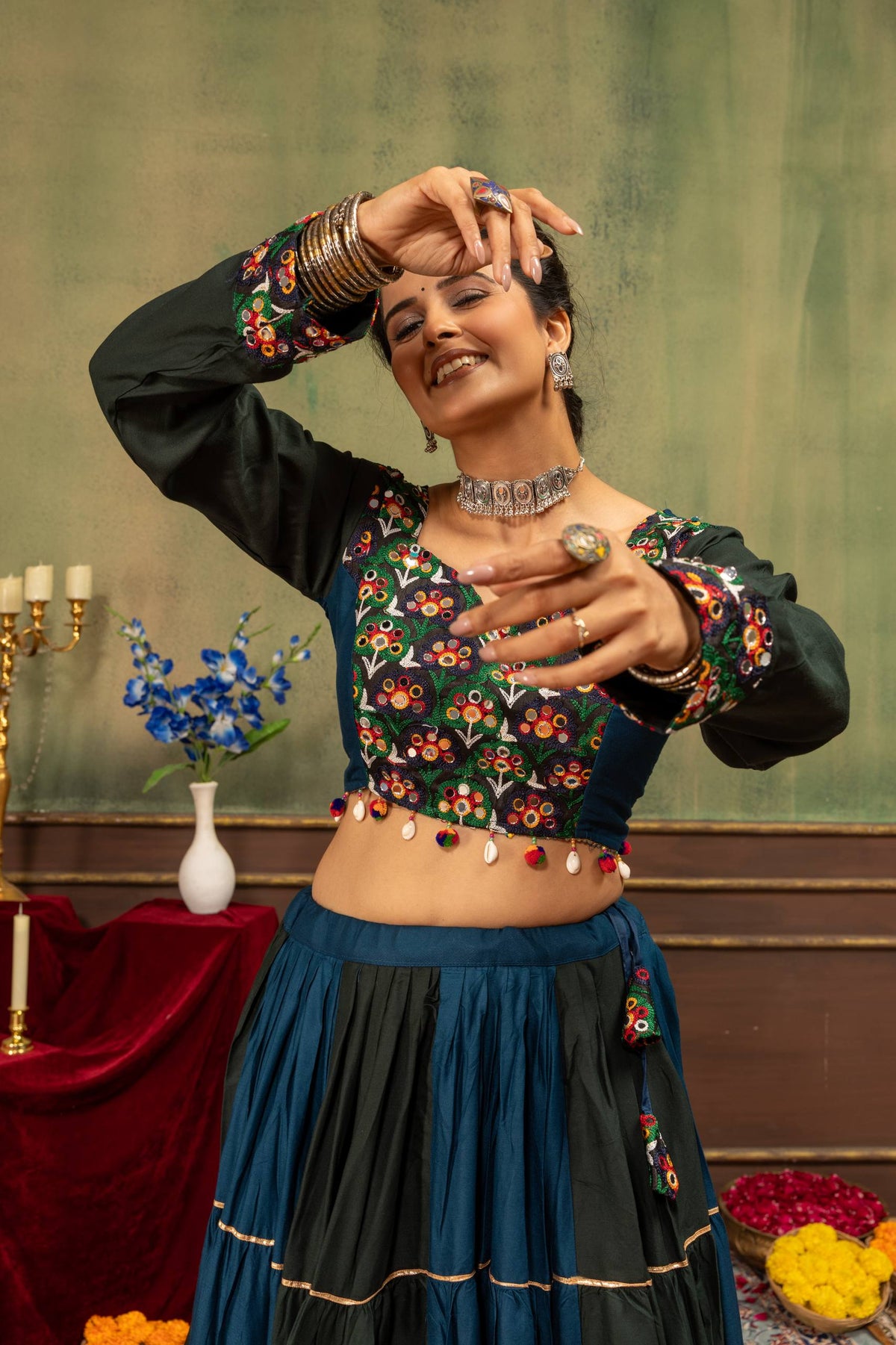 Women’s Blue & Black Floral Embroidered Chaniya Choli