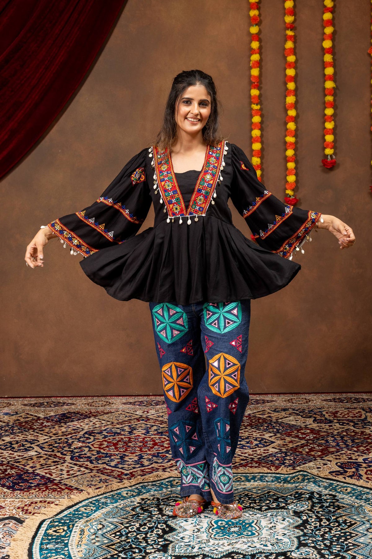 Women’s Black Embroidered Peplum Kurti with Printed Palazzo Pants