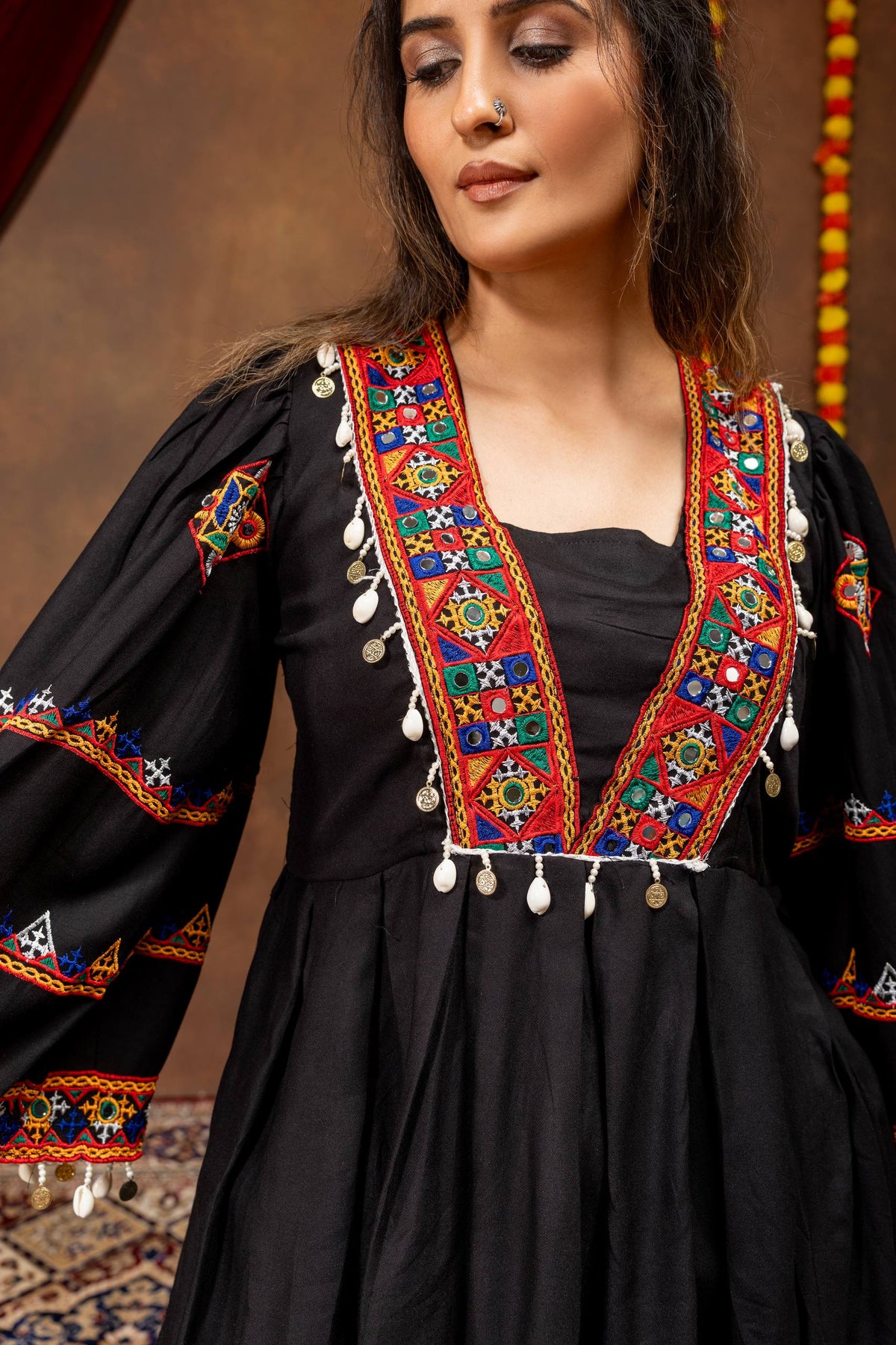 Women’s Black Embroidered Peplum Kurti with Printed Palazzo Pants