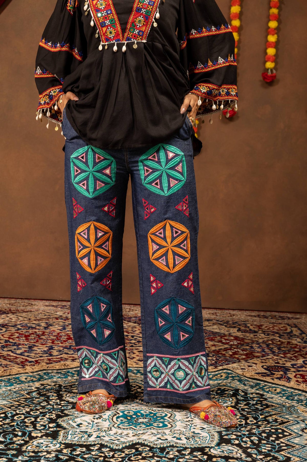 Women’s Black Embroidered Peplum Kurti with Printed Palazzo Pants