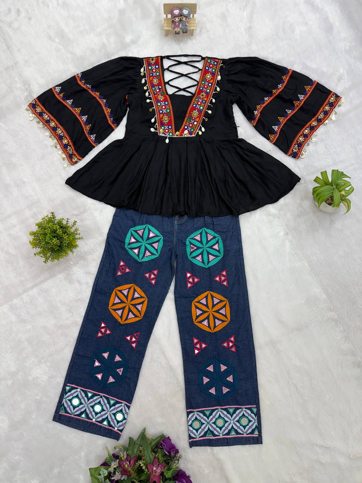Women’s Black Embroidered Peplum Kurti with Printed Palazzo Pants