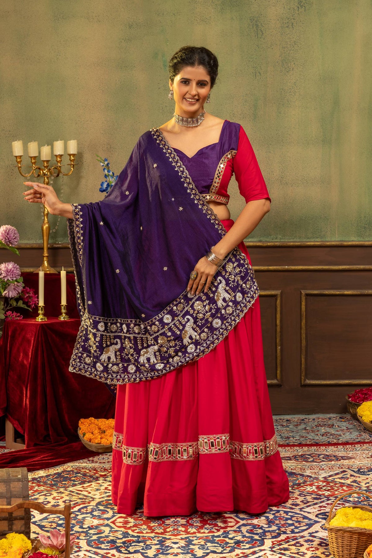 Women’s Purple & Pink Festive Lehenga Choli Set with Embroidered Dupatta