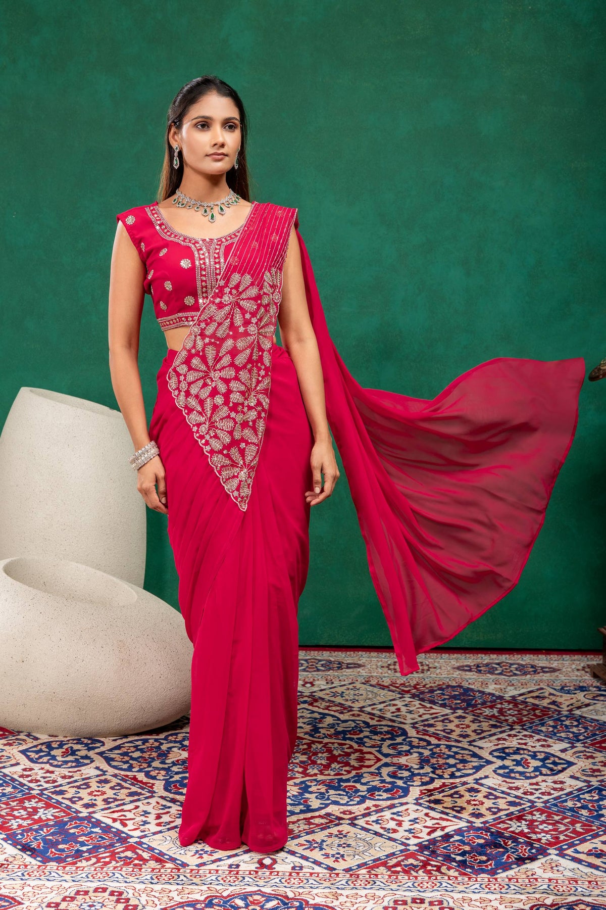 Women’s Pink Embroidered Saree with Designer Blouse