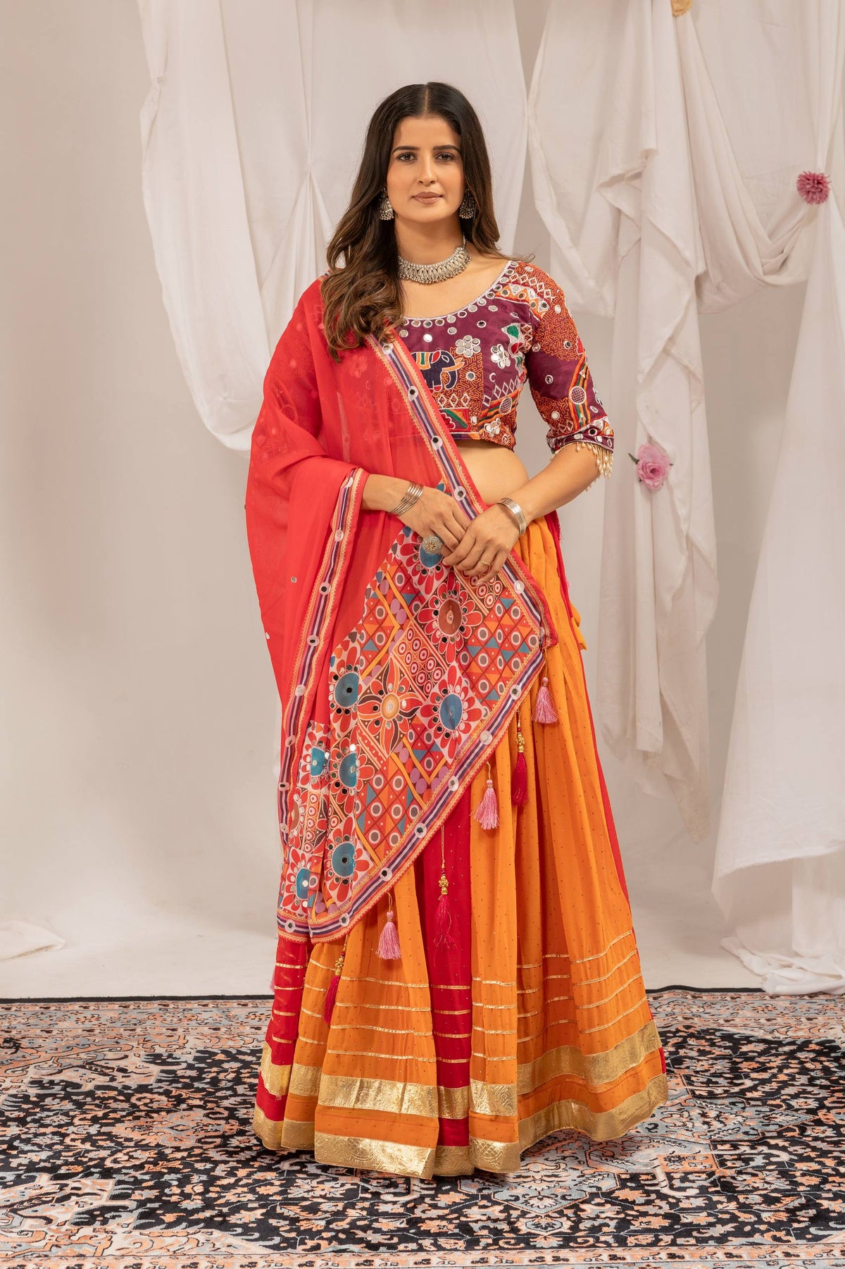 Women’s Orange Printed Lehenga Choli with Designer Dupatta