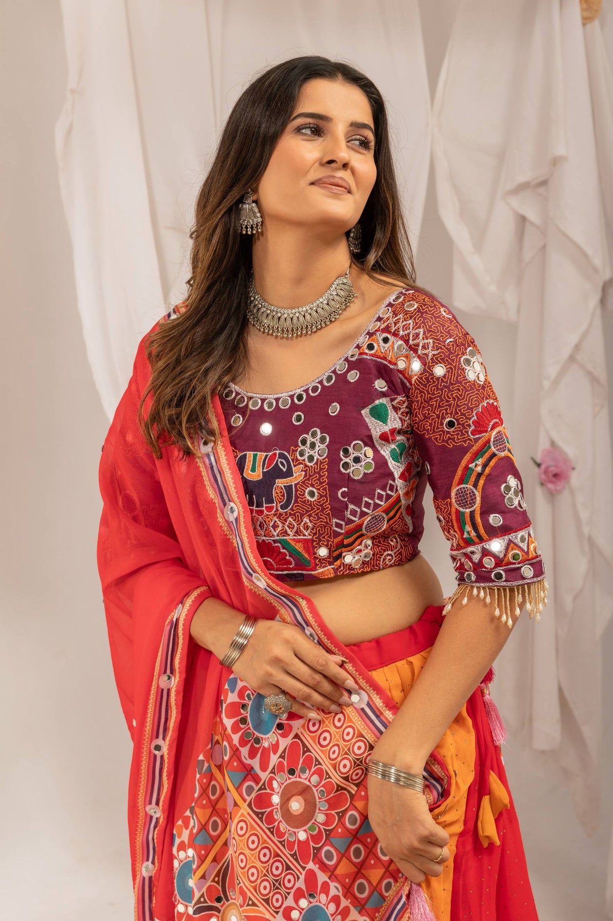 Women’s Orange Printed Lehenga Choli with Designer Dupatta