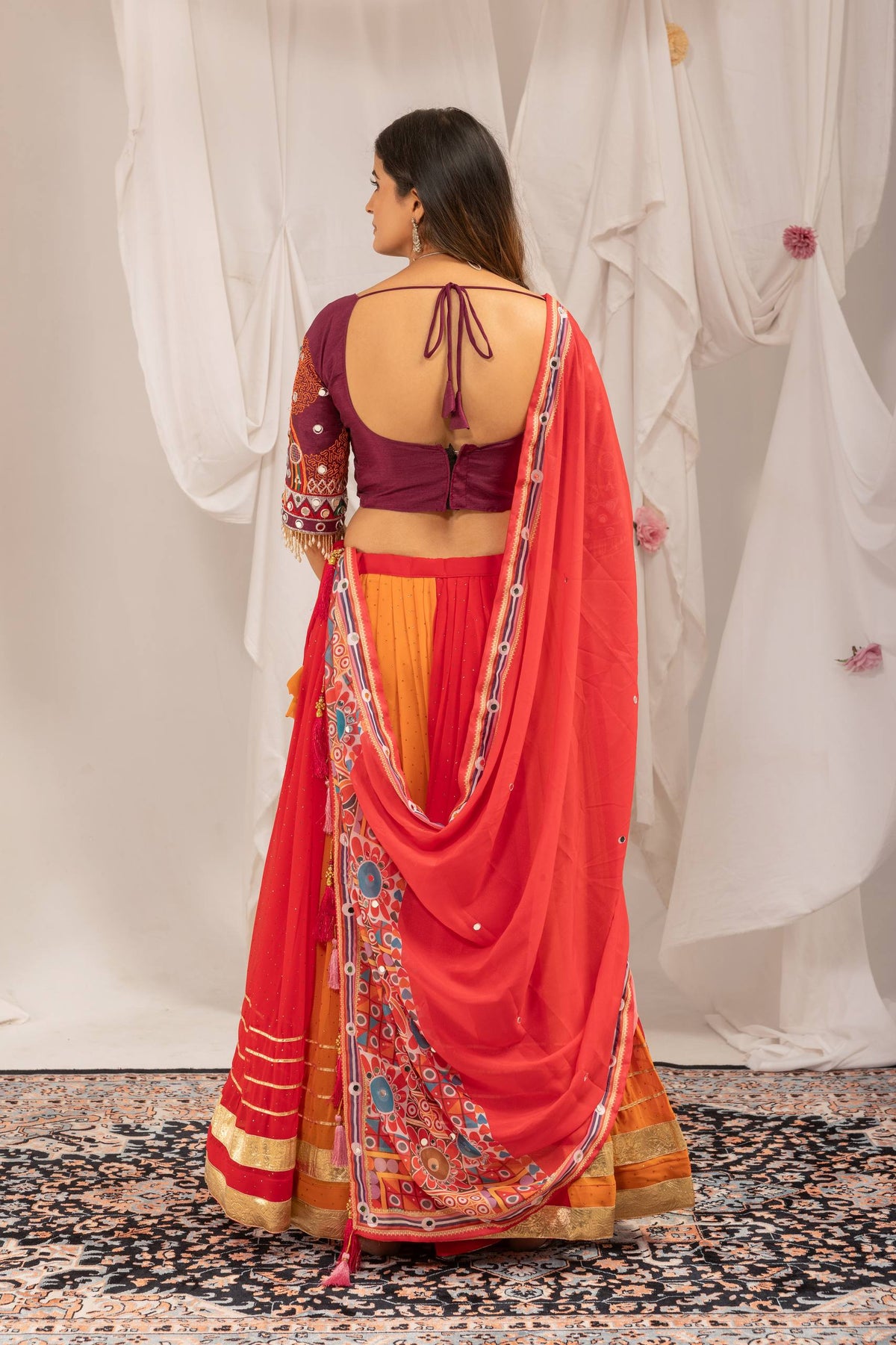 Women’s Orange Printed Lehenga Choli with Designer Dupatta