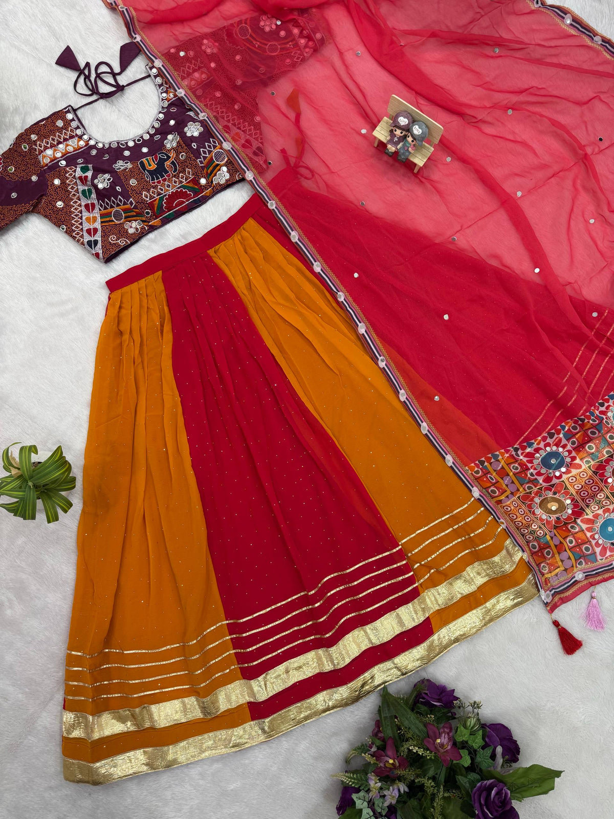 Women’s Orange Printed Lehenga Choli with Designer Dupatta