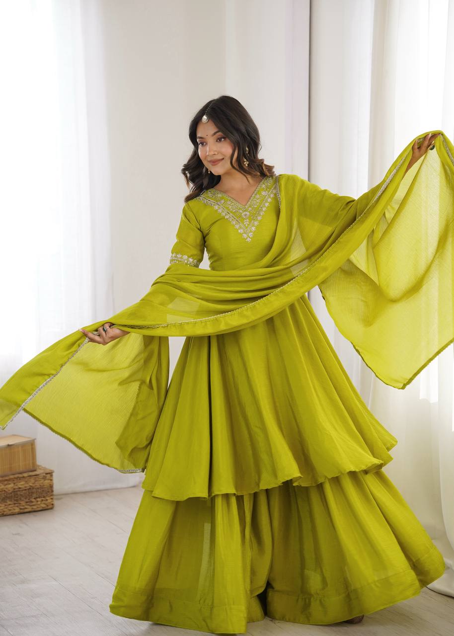 Women’s Lime Green Embroidered Kurta Sharara Set with Dupatta