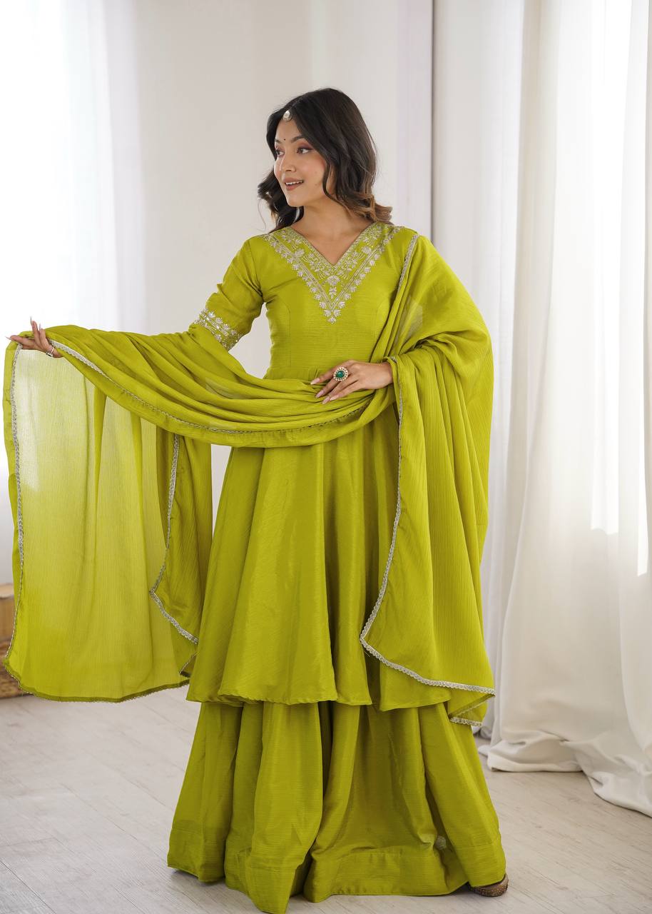 Women’s Lime Green Embroidered Kurta Sharara Set with Dupatta