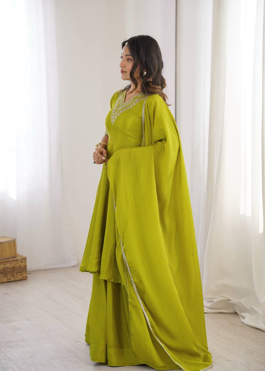 Women’s Lime Green Embroidered Kurta Sharara Set with Dupatta