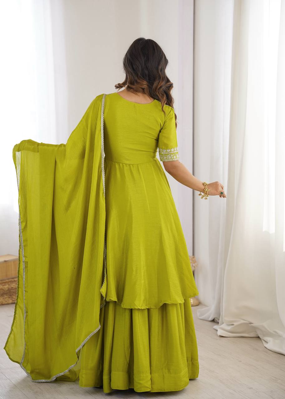 Women’s Lime Green Embroidered Kurta Sharara Set with Dupatta