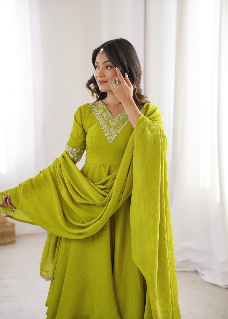 Women’s Lime Green Embroidered Kurta Sharara Set with Dupatta