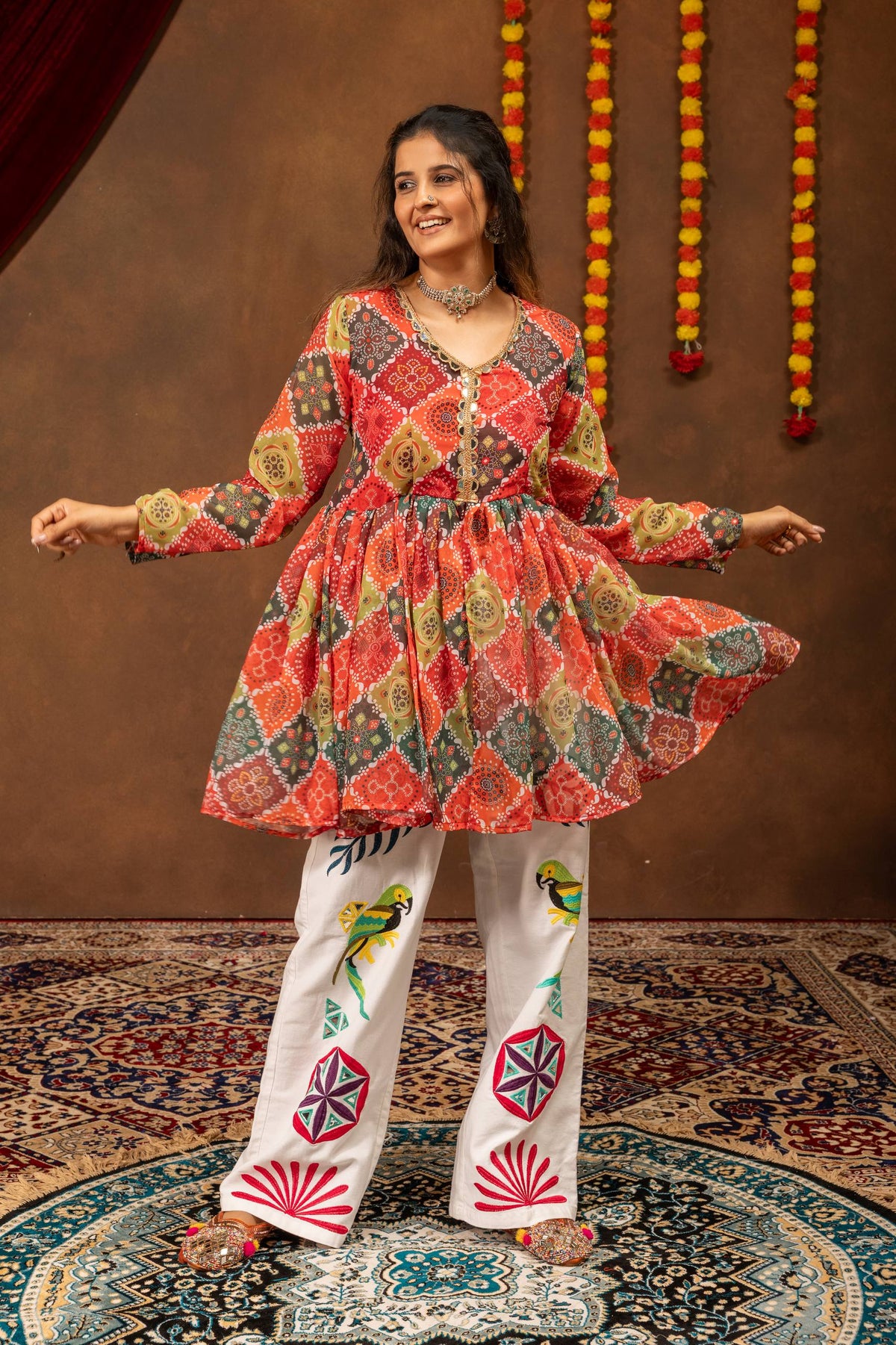 Women Red Printed Flared Kurta with Embroidered Palazzo Set