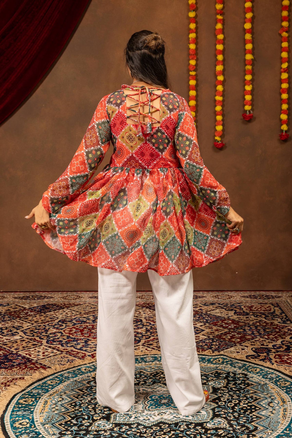 Women Red Printed Flared Kurta with Embroidered Palazzo Set