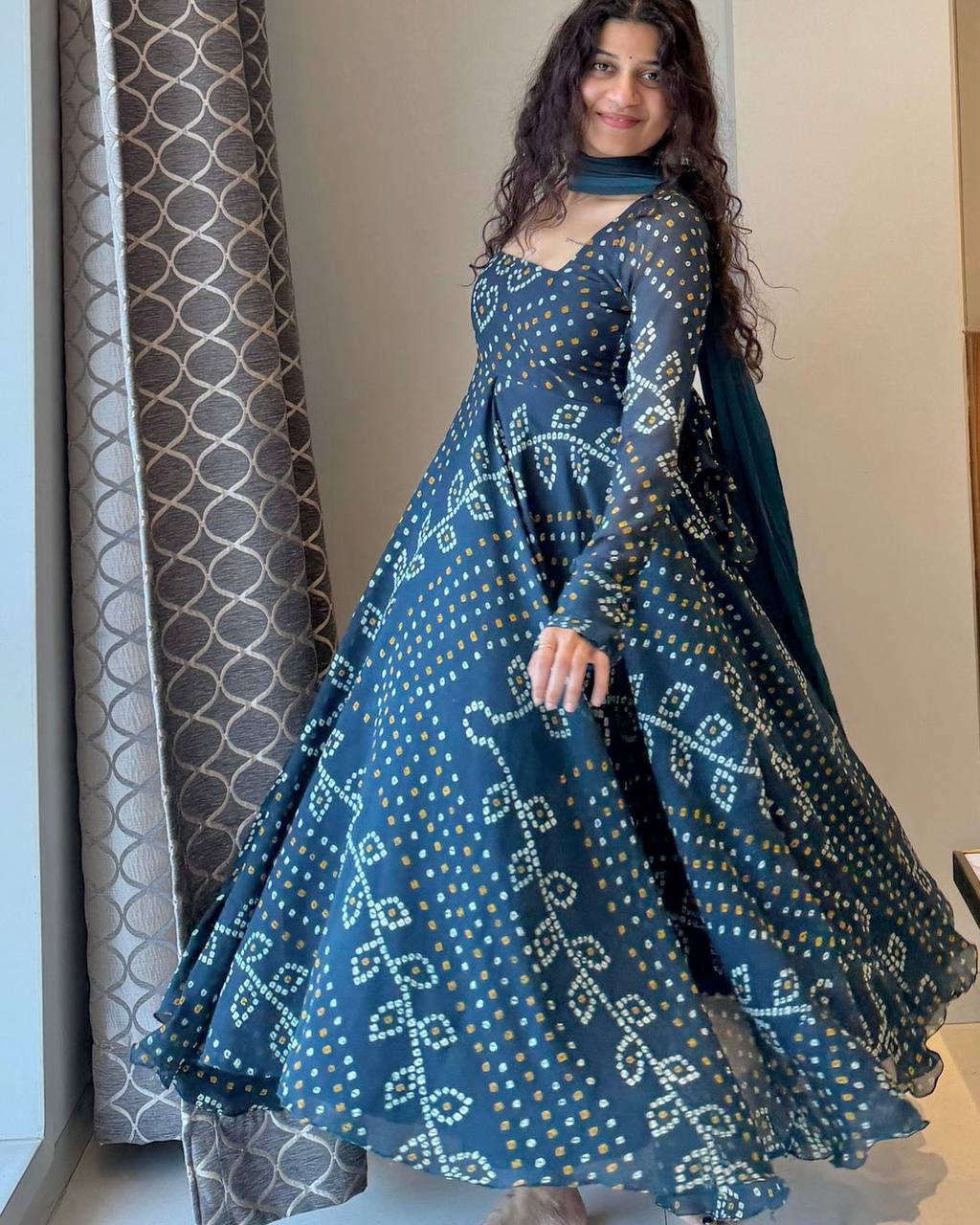 Women’s Navy Blue Printed Anarkali Dress with Dupatta