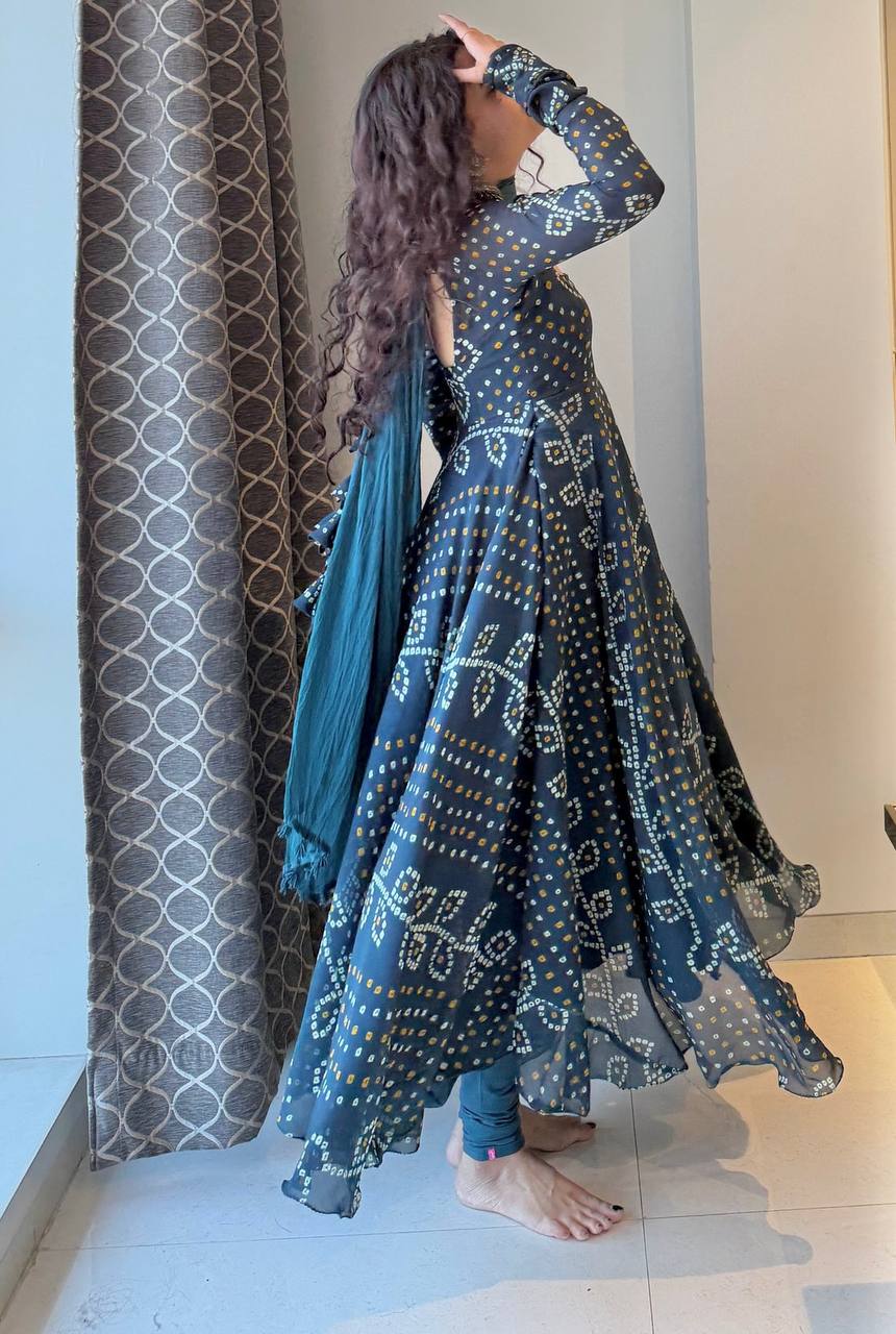 Women’s Navy Blue Printed Anarkali Dress with Dupatta
