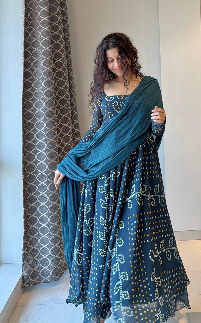 Women’s Navy Blue Printed Anarkali Dress with Dupatta