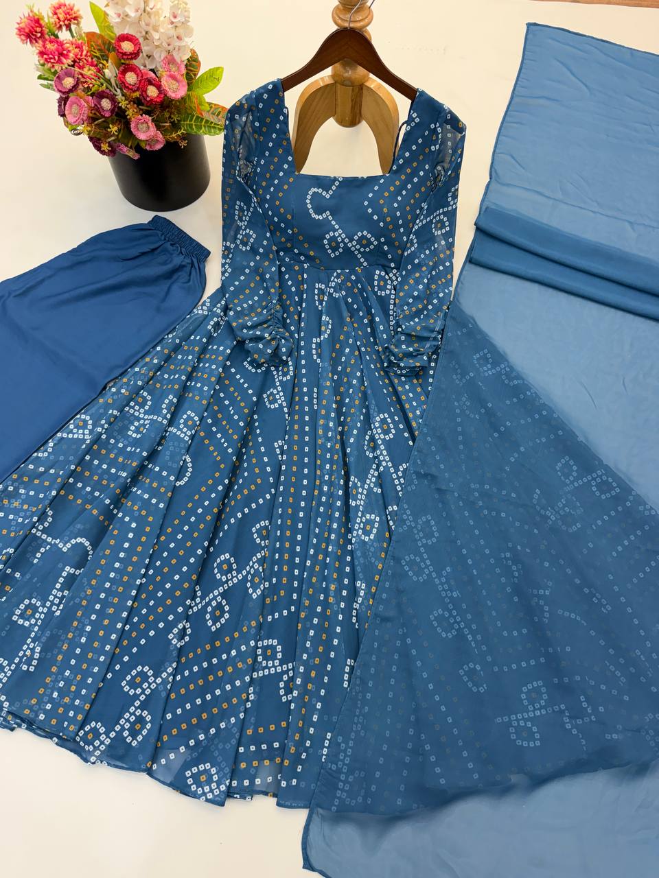 Women’s Navy Blue Printed Anarkali Dress with Dupatta