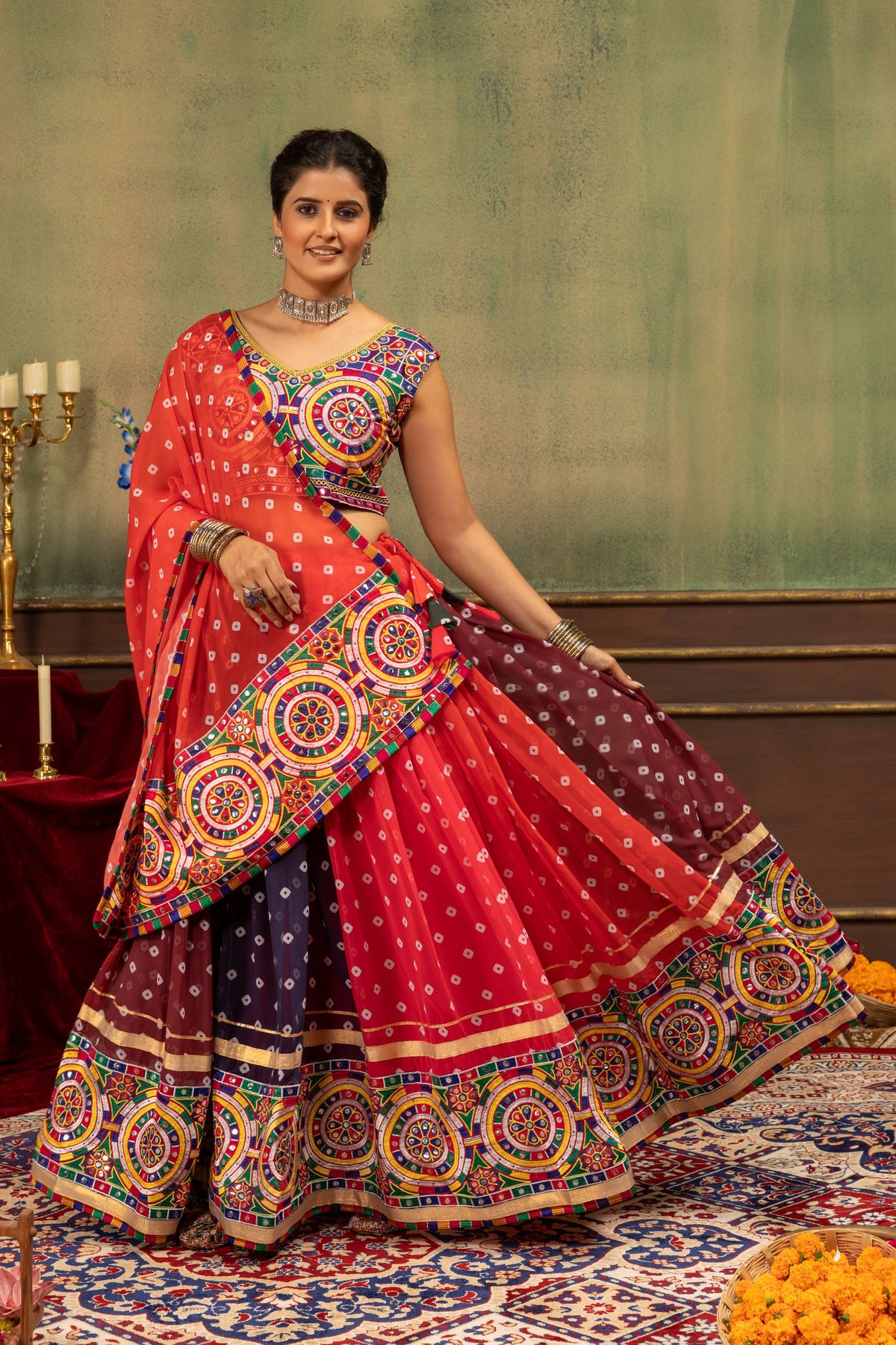 Red Printed Traditional Lehenga Choli Set with Dupatta