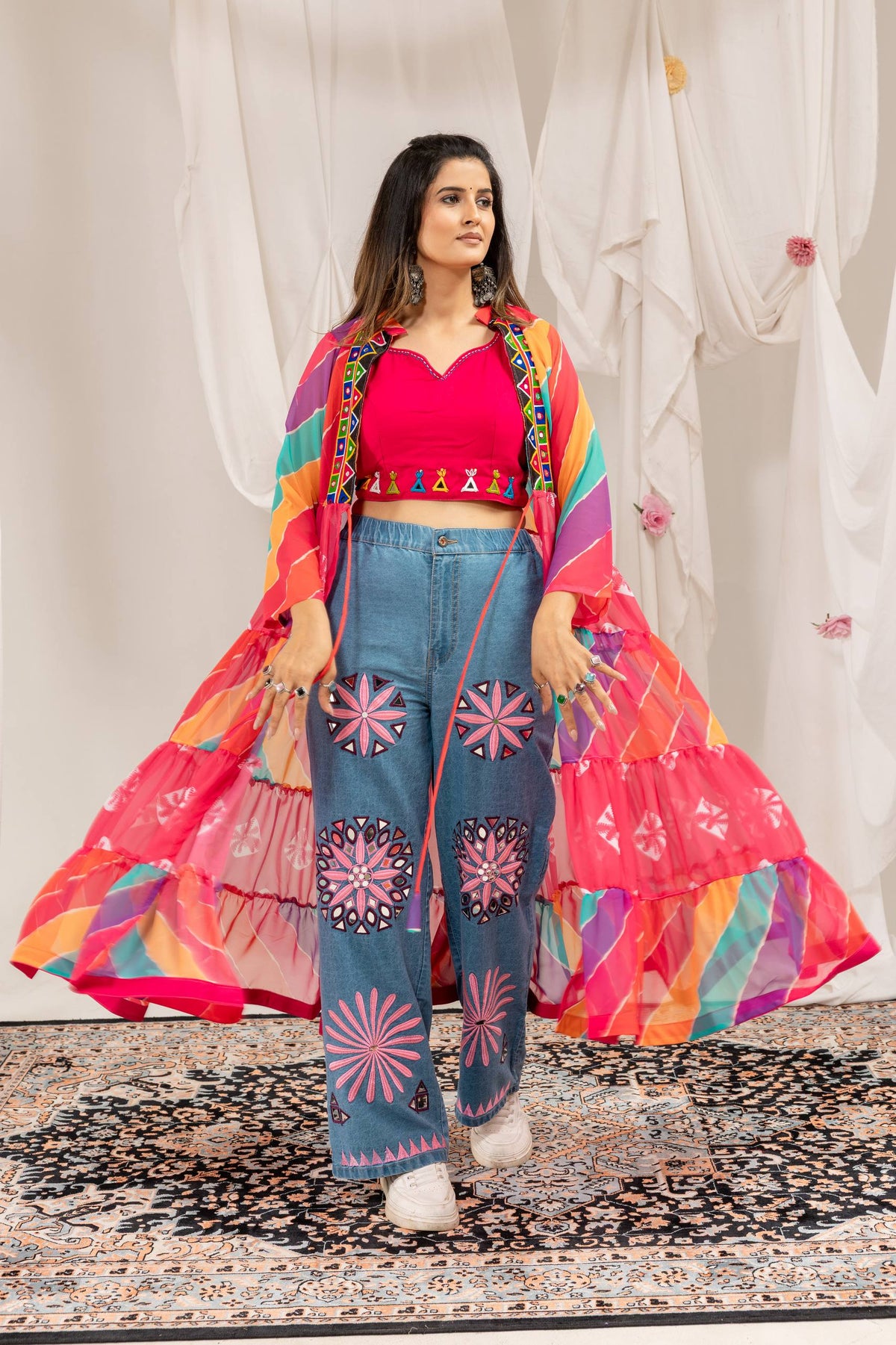Women Multicolor Shrug, Crop Top & Embroidered Jeans Set