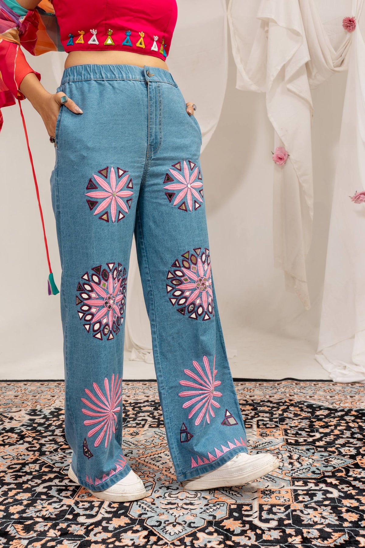 Women Multicolor Shrug, Crop Top & Embroidered Jeans Set