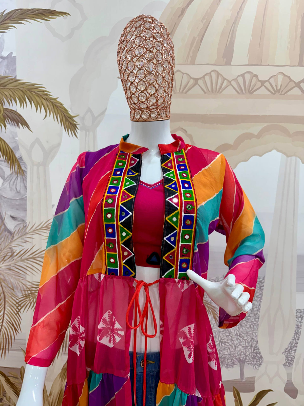 Women Multicolor Shrug, Crop Top & Embroidered Jeans Set
