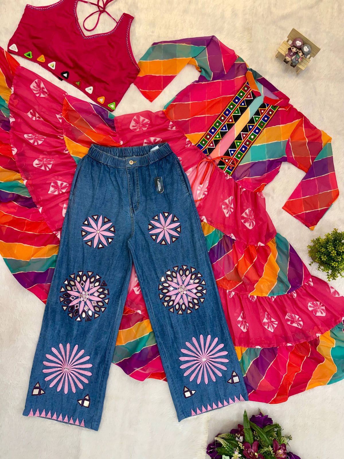 Women Multicolor Shrug, Crop Top & Embroidered Jeans Set