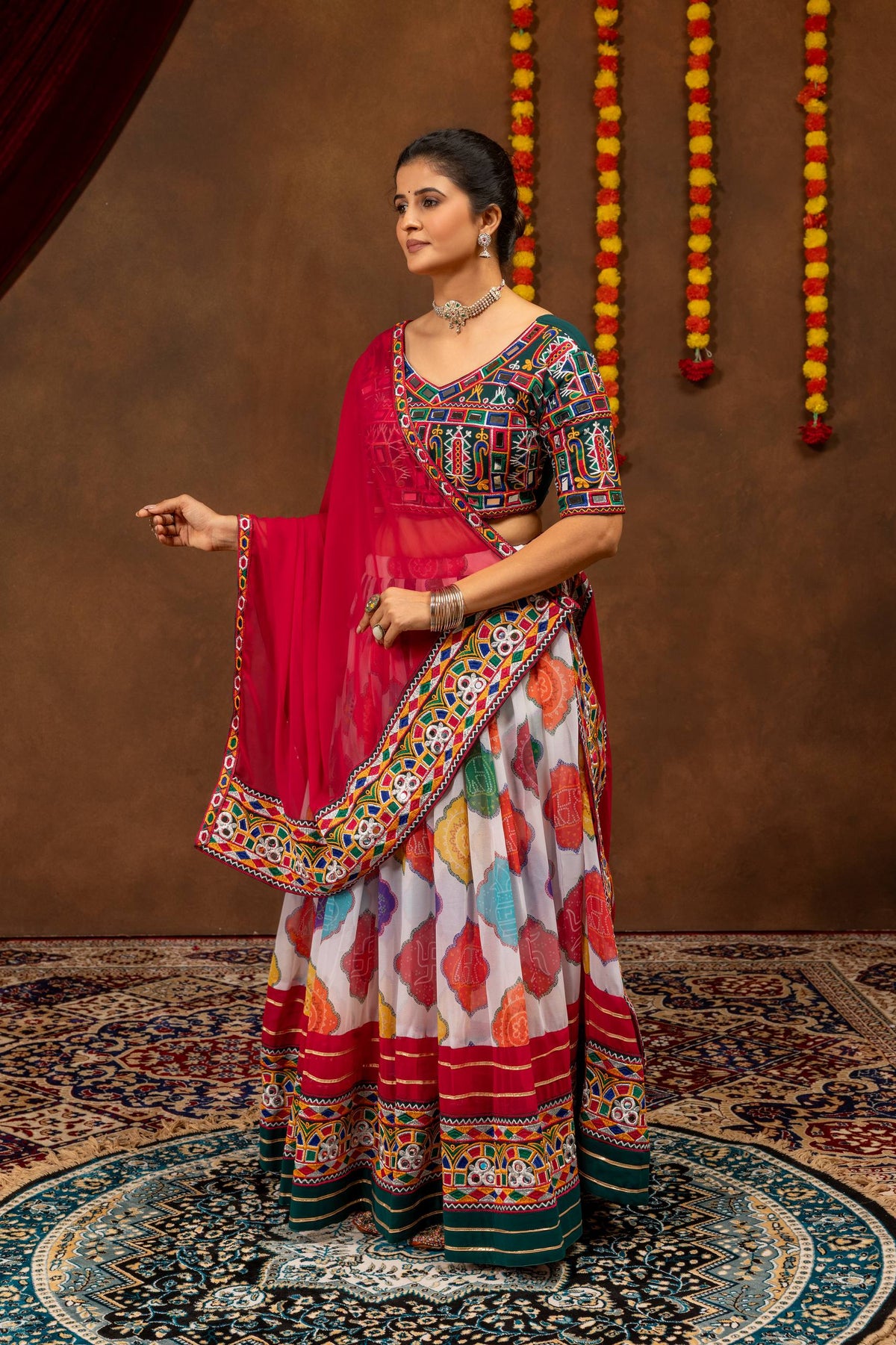 Designer Multicolor Embroidered Lehenga Choli with Sheer Dupatta