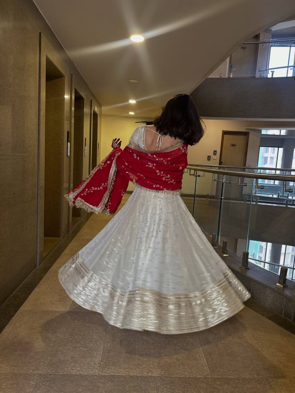 Elegant White Embroidered Anarkali Suit with Red Embroidered Dupatta