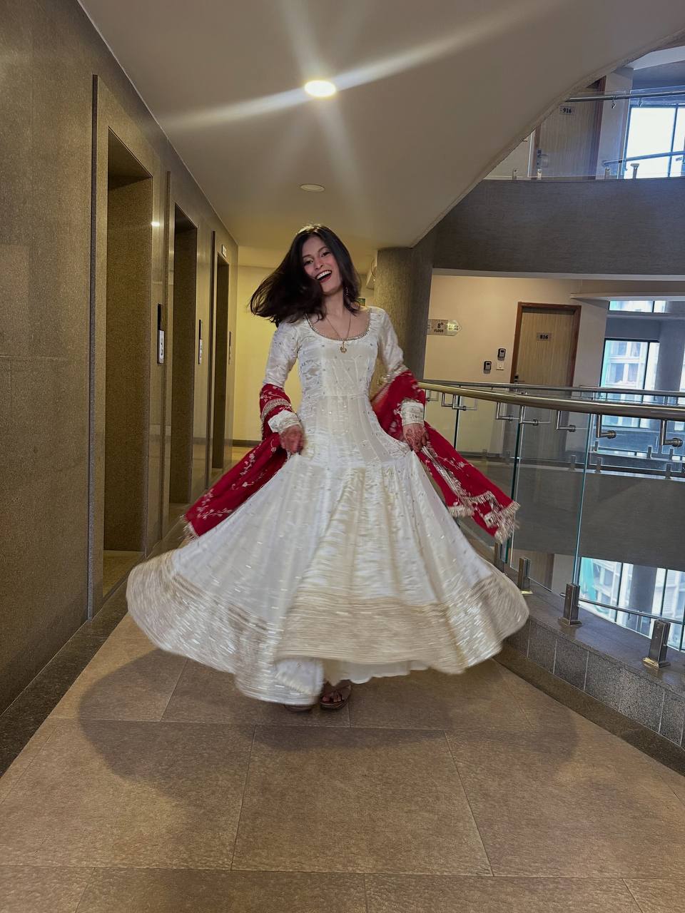 Elegant White Embroidered Anarkali Suit with Red Embroidered Dupatta